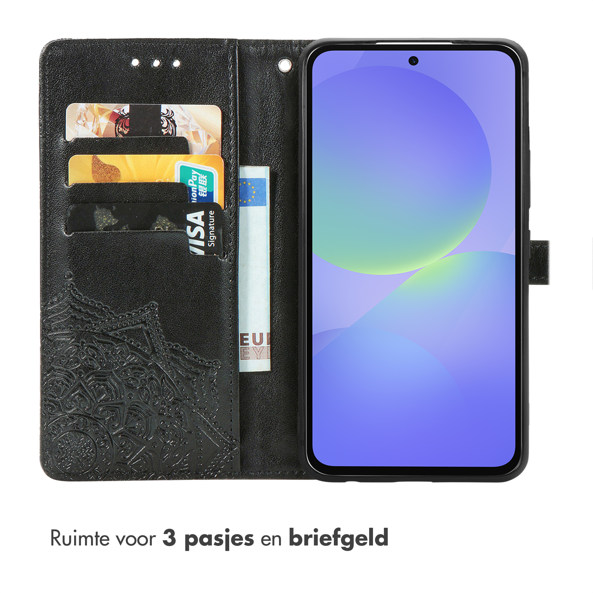 Zwarte telefoonhoes met kaarthouders en geldvak, open met telefoon.