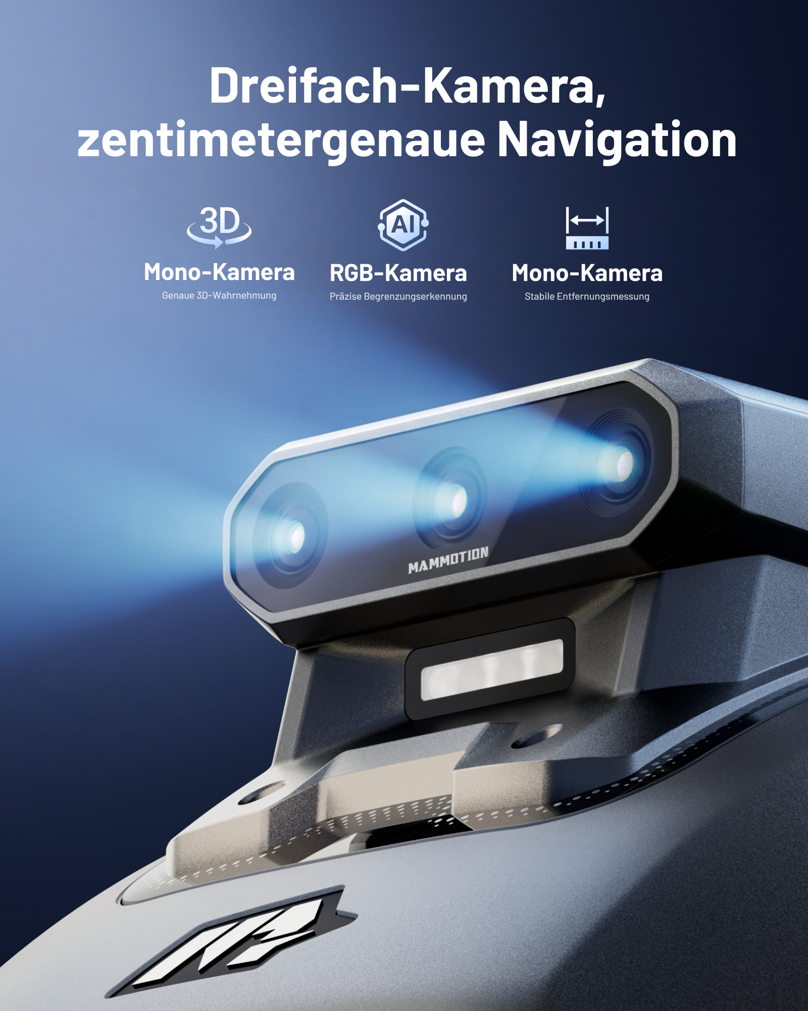 Dreifachkamera mit Zentimetergenauer Navigation, 3D, KI und Entfernungsmessung.