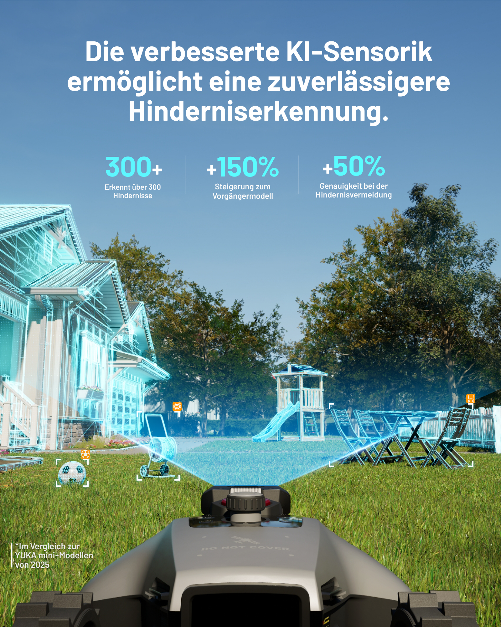 Ein Rasenmäher-Roboter scannt einen Garten mit einem Haus, Spielplatz und Möbeln.