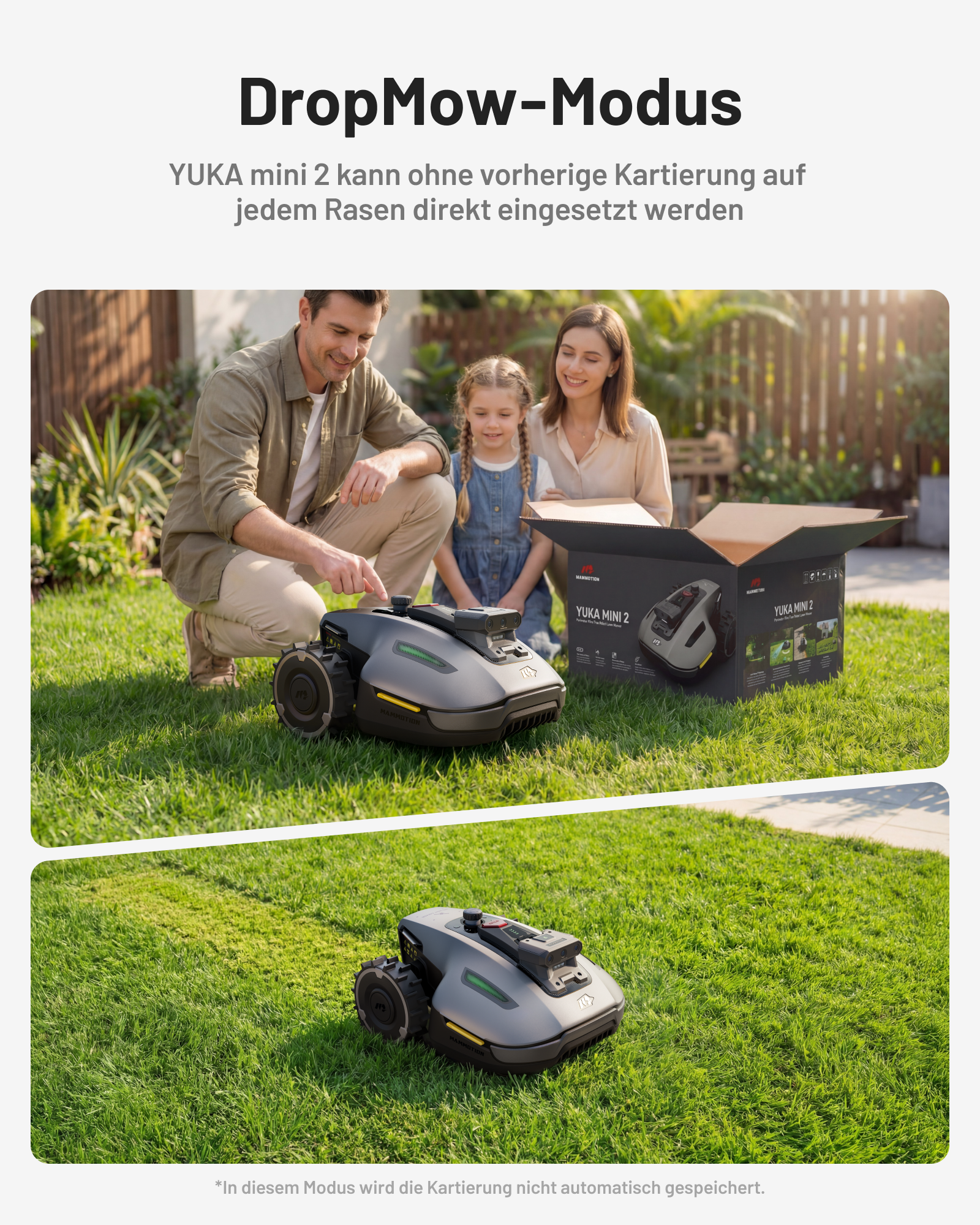 Familie auf dem Rasen mit einem Mähroboter und Verpackung.