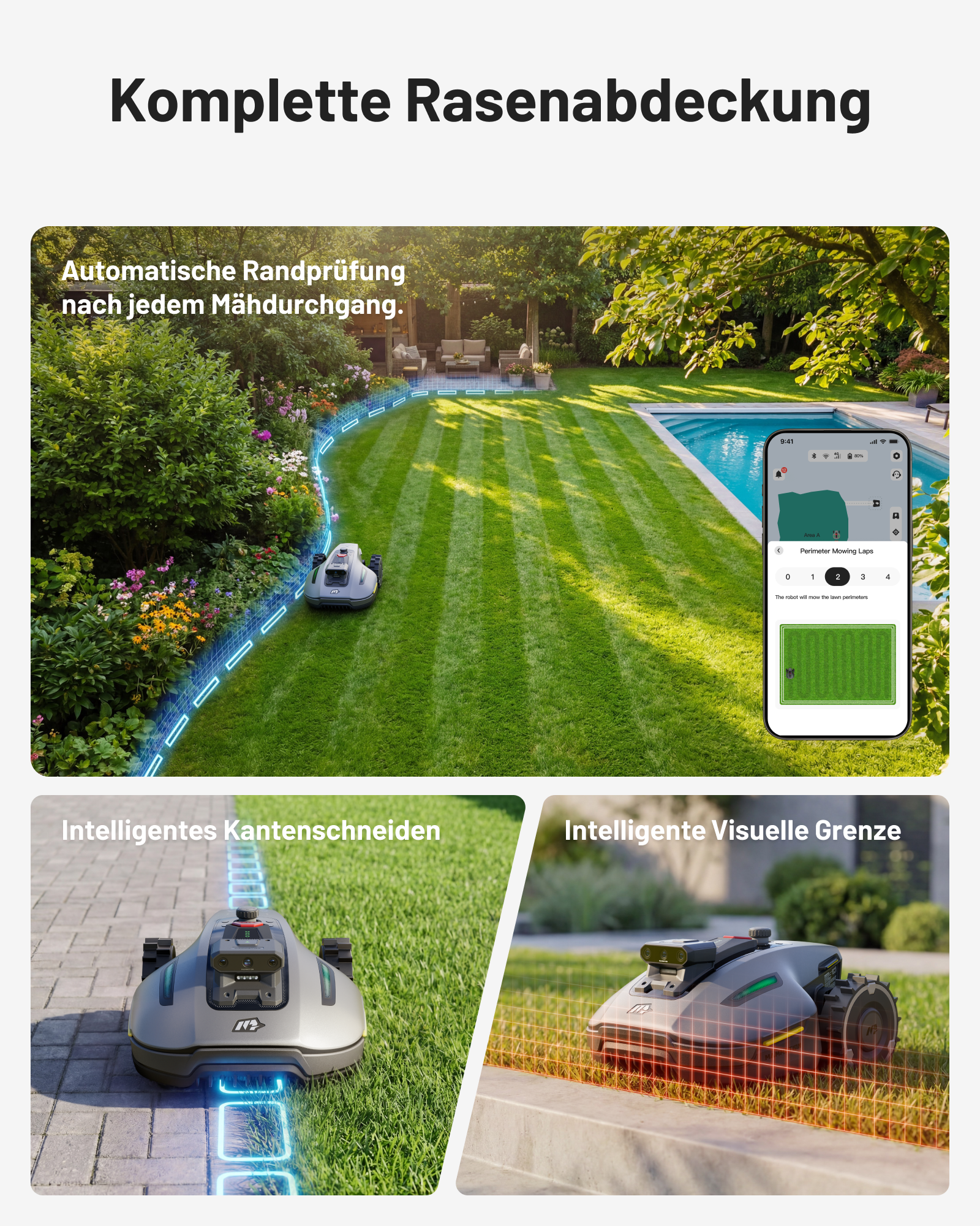 Mähroboter in einem Garten mit Pool und einer App-Ansicht.