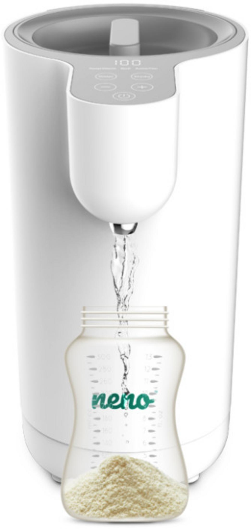 Woda leje się do butelki z proszkiem; biała maszyna w tle.