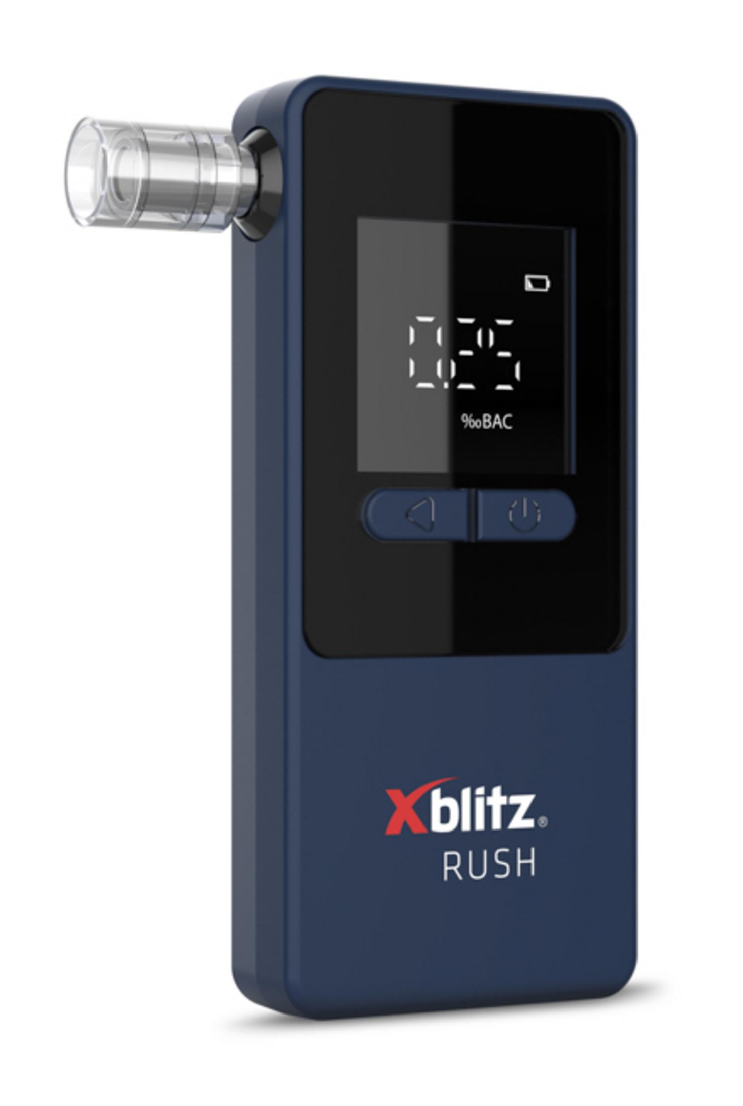 Ciemnoniebieski alkomat pokazuje 0.25 %oBAC na ekranie.