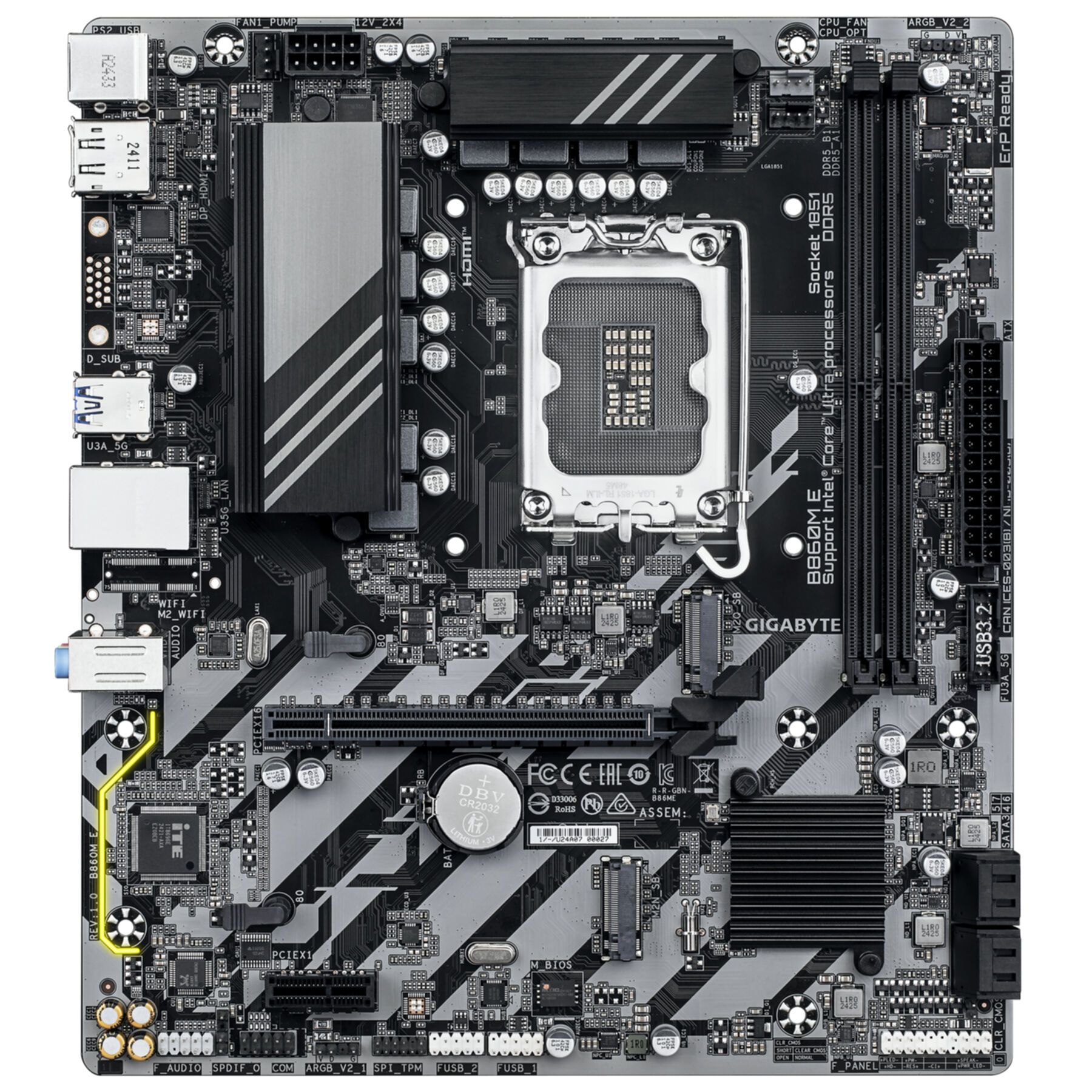 A black and gray Gigabyte B860M E motherboard featuring a CPU socket, RAM slots, and ports.