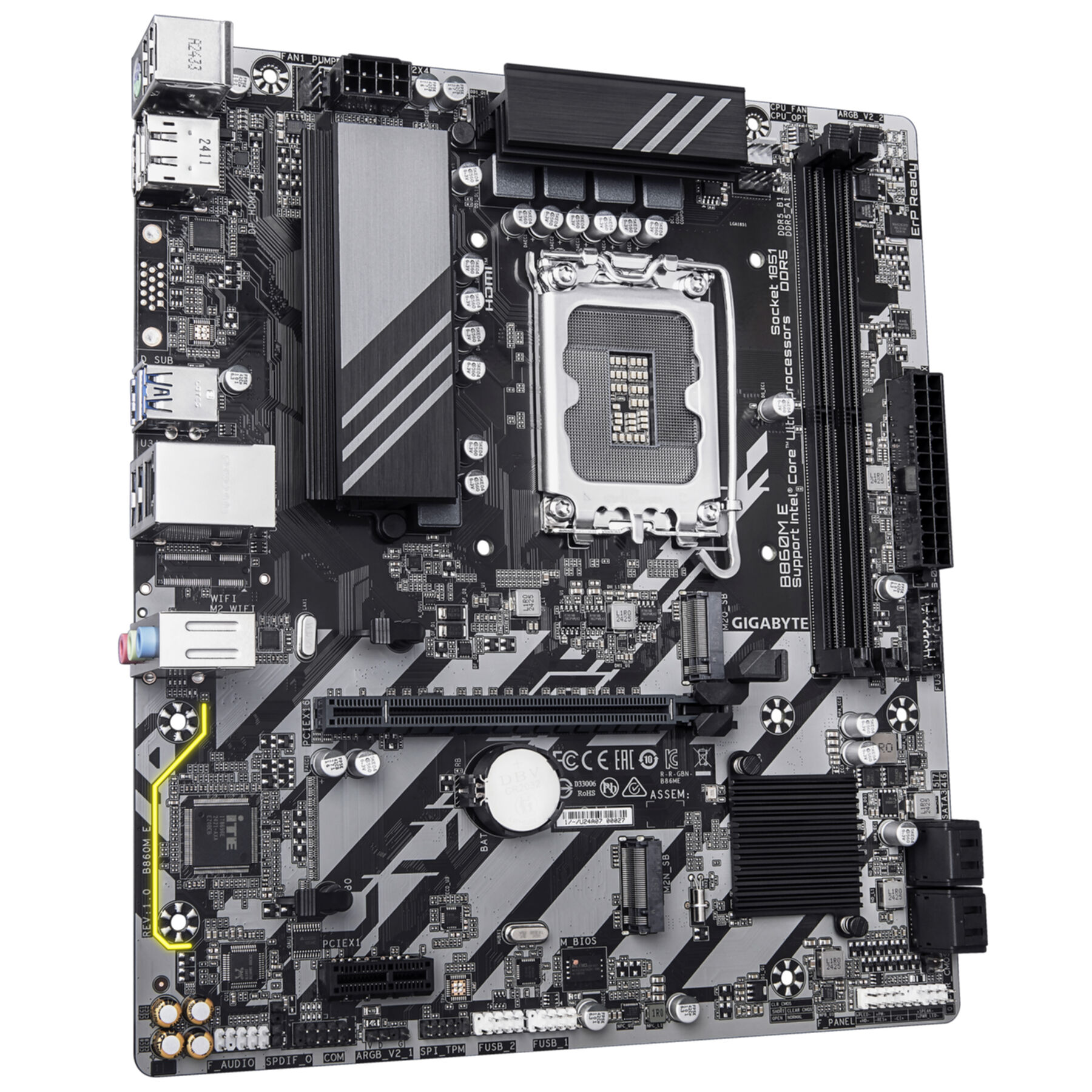 A black and silver motherboard featuring a CPU socket, RAM slots, and ports.