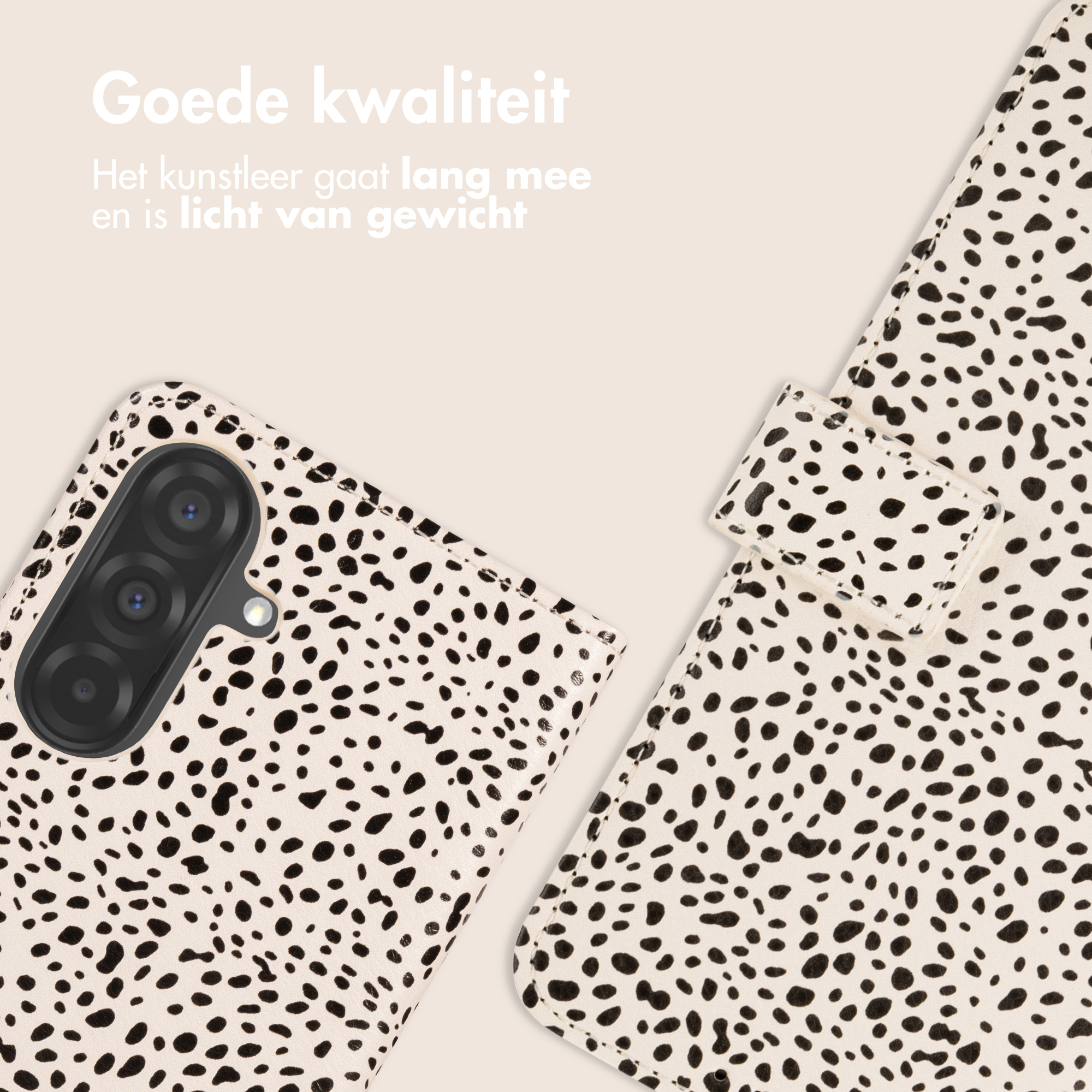 Een telefoonhoesje met vlekkenpatroon en camera.