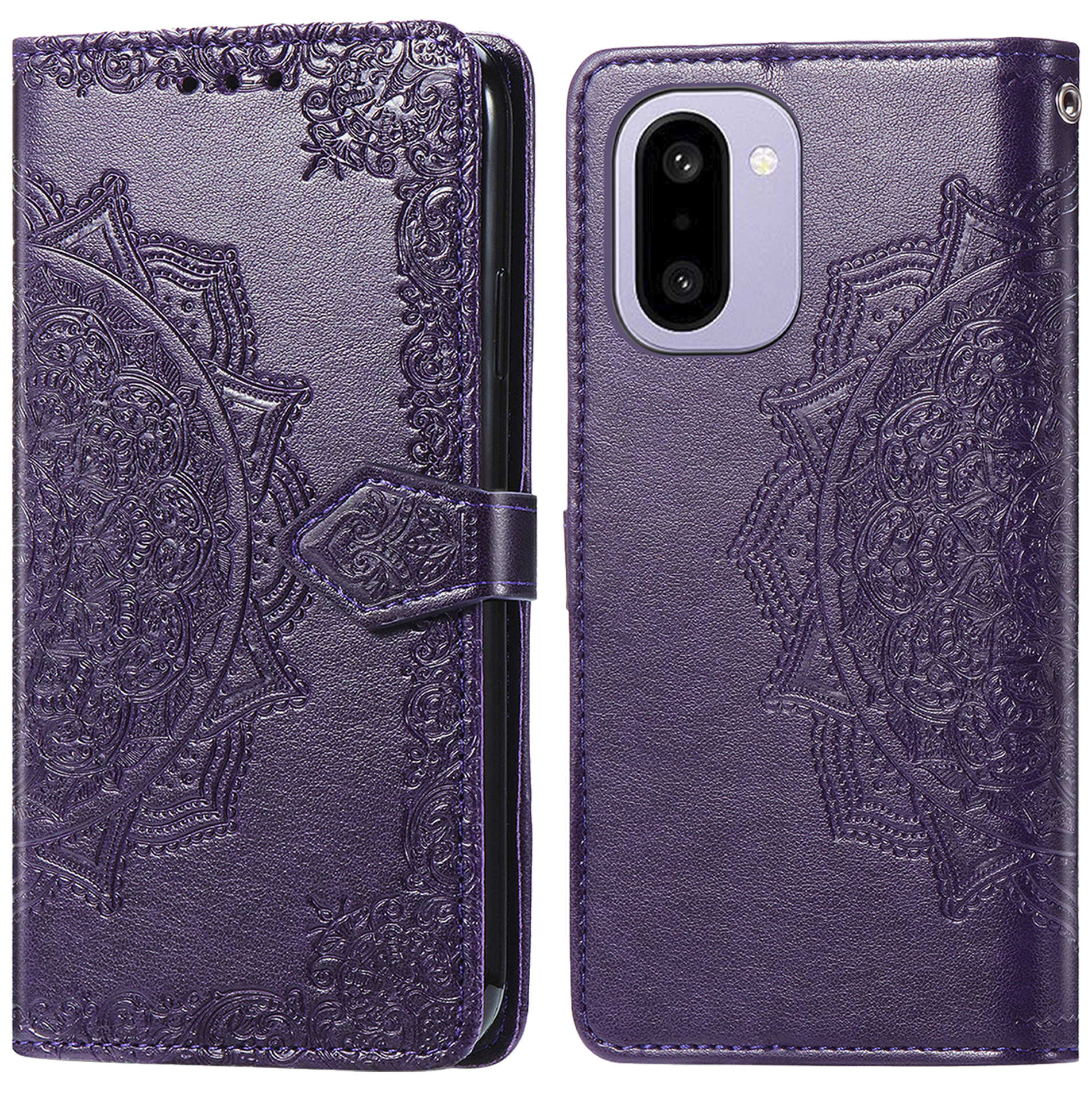 Paarse telefoonhoes met mandala-reliëf, open, camera zichtbaar.