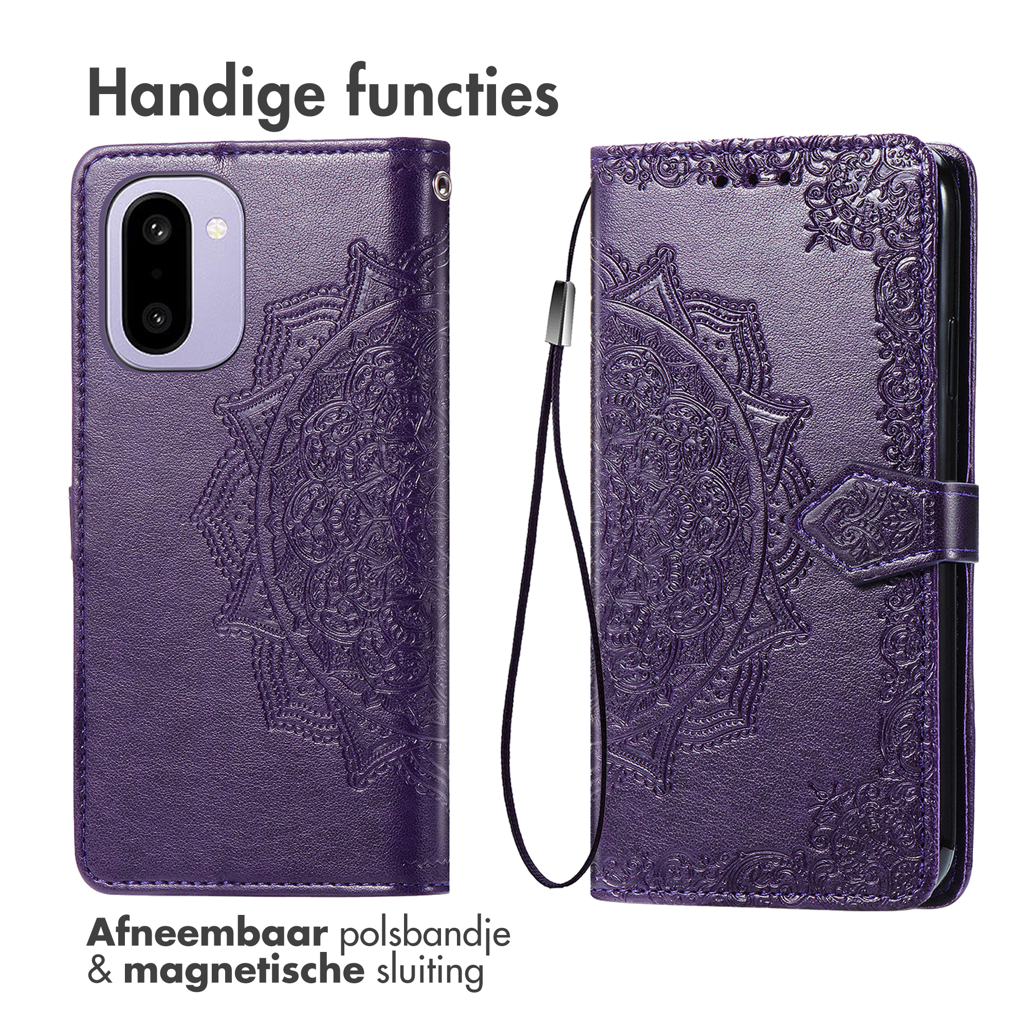 Paarse telefoonhoes met mandala-reliëf, afneembare polsband en magnetische sluiting.