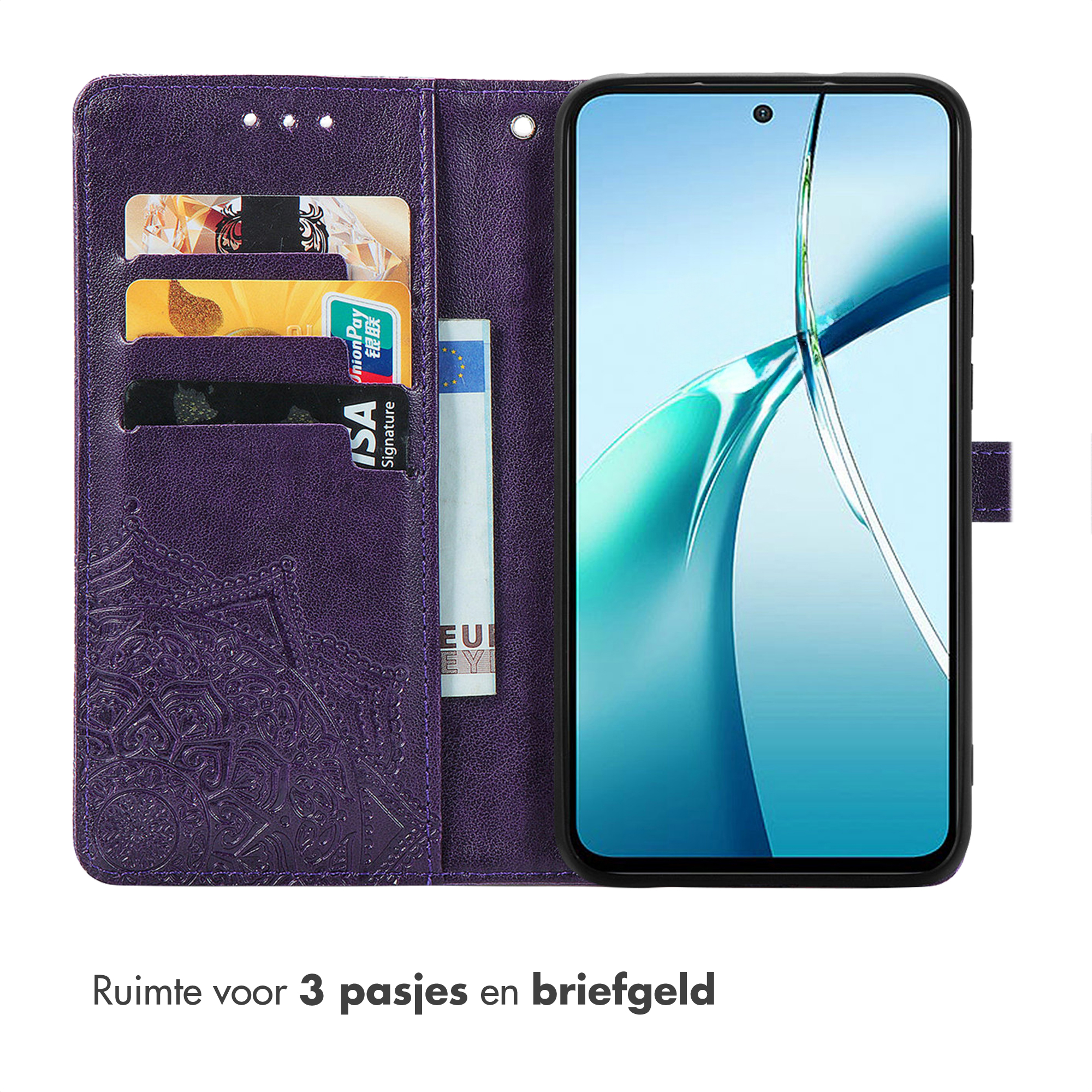 Paarse telefoonhoes met kaarthouders en geldvak, geopend naast een smartphone.