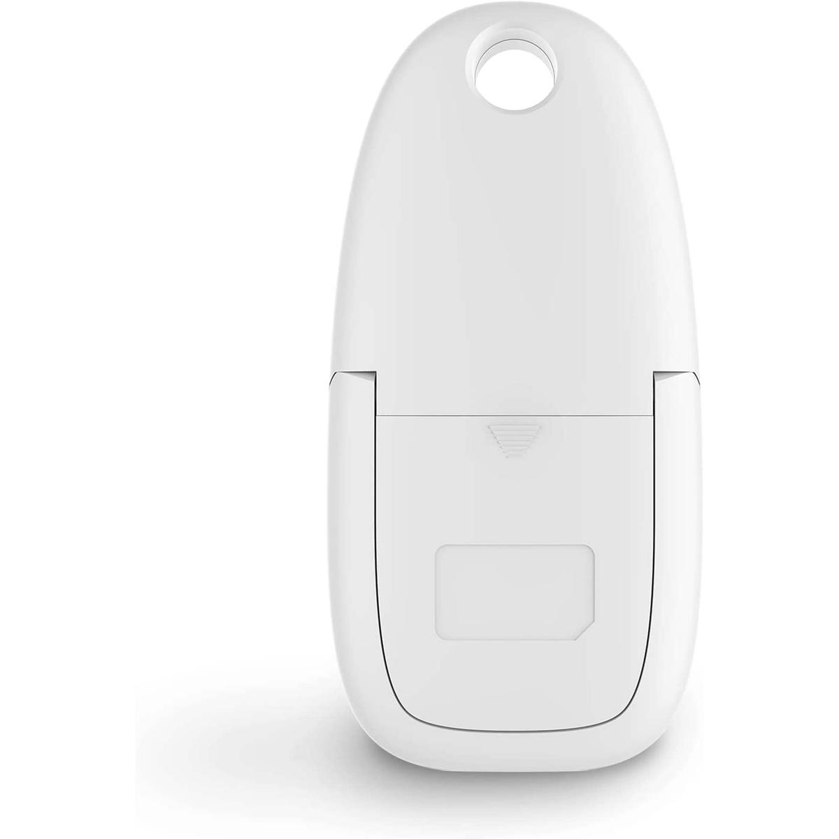 Un dispositivo bianco ovale con un foro in alto e uno scomparto in basso.