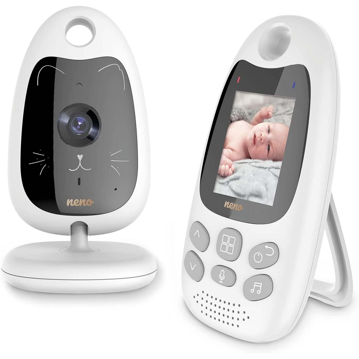 Un baby monitor bianco mostra un bambino sullo schermo. L'unità fotocamera ha un design felino.