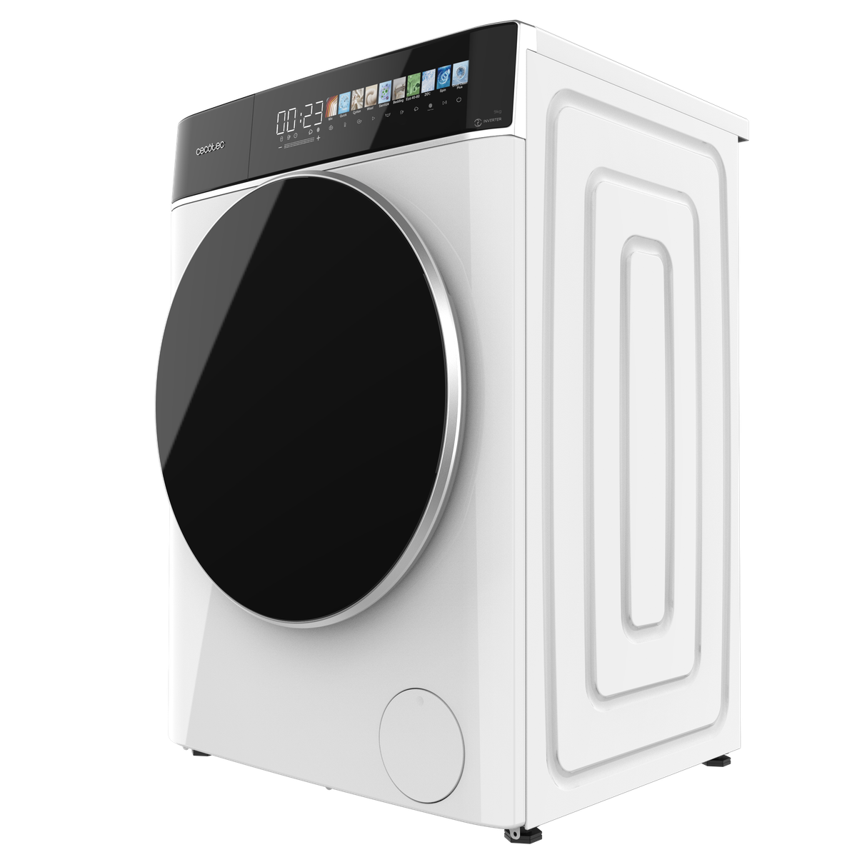 Una lavatrice bianca Cecotec con oblò rotondo nero e display digitale.
