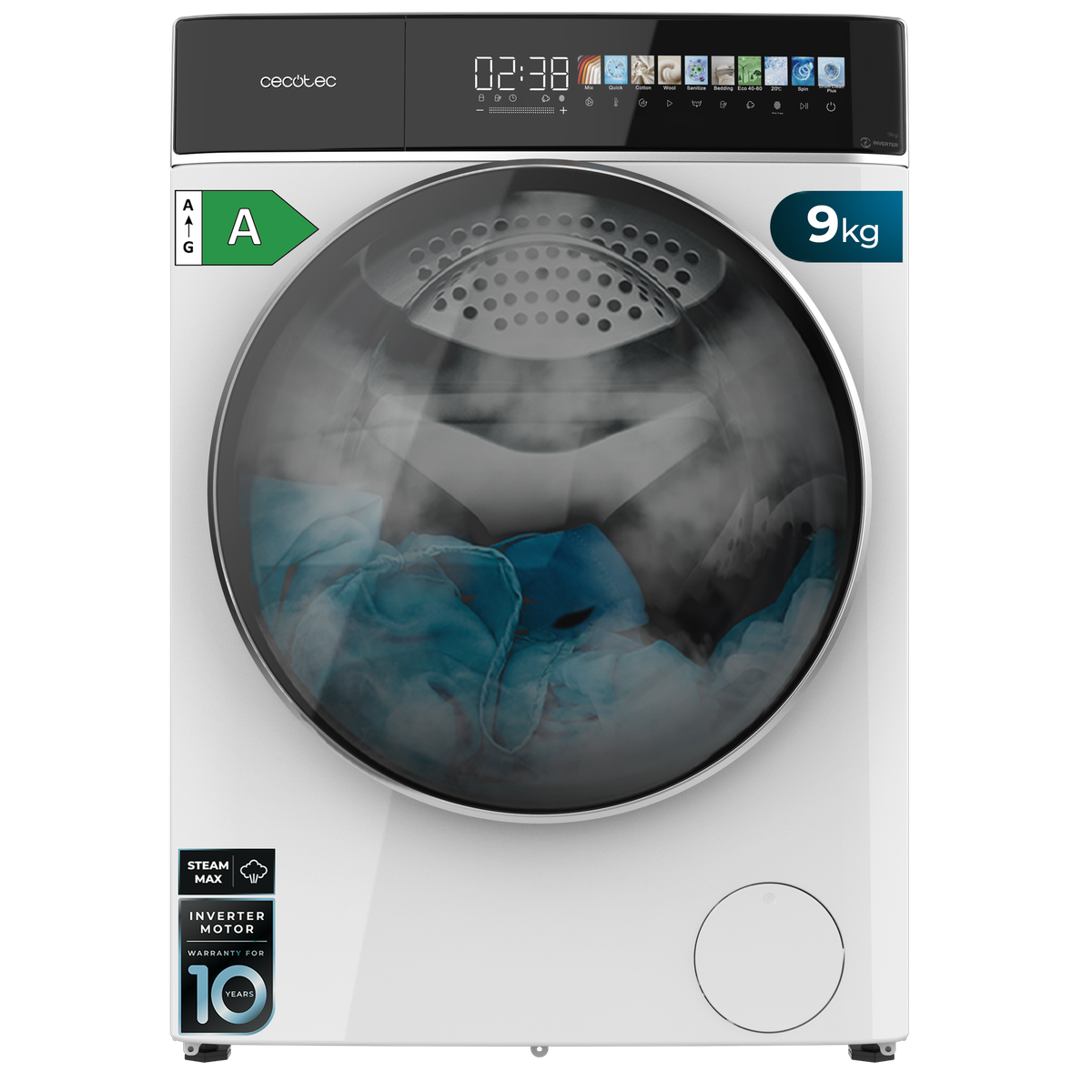 Una lavatrice bianca con capacità di 9 kg e display digitale.