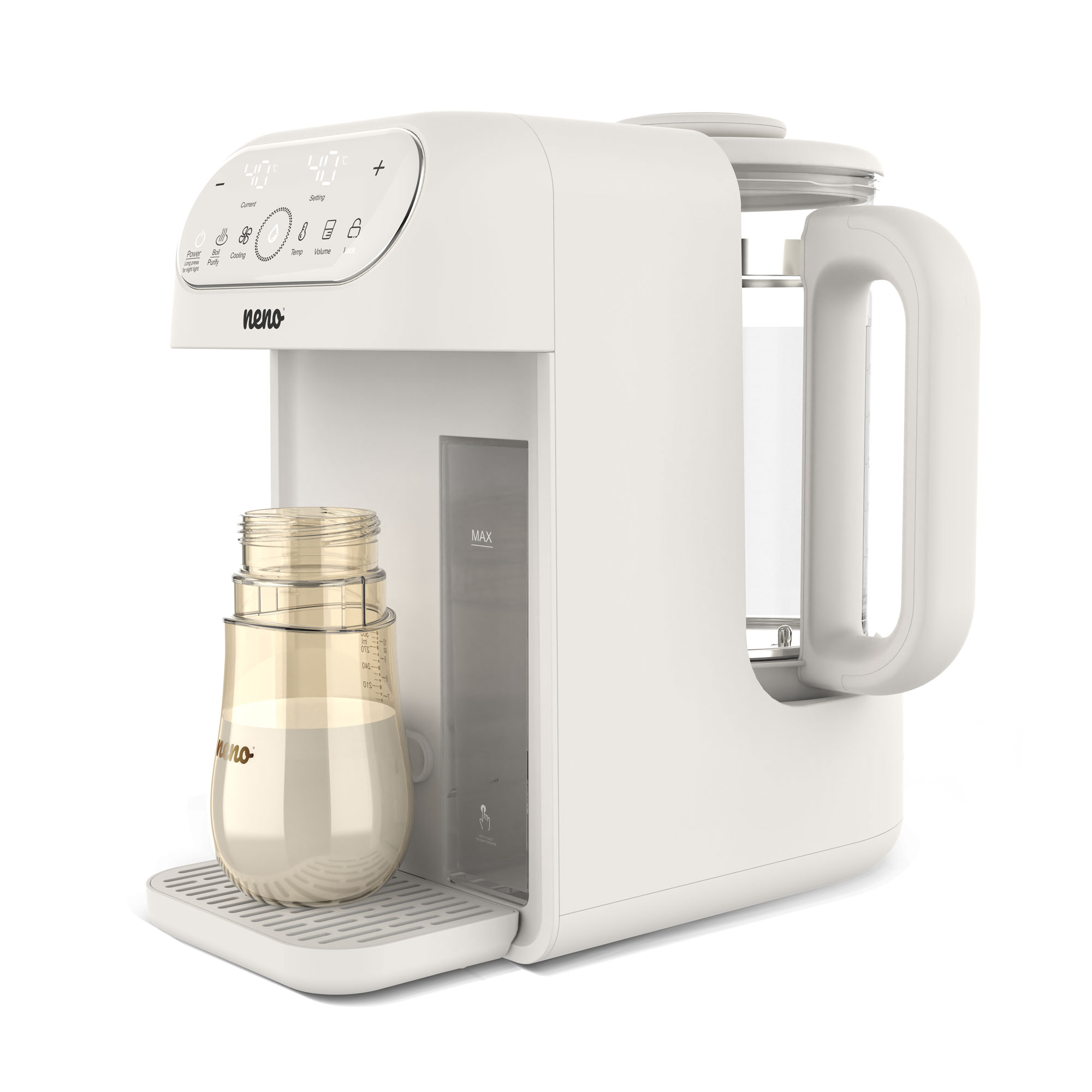 Biały podgrzewacz do butelek z cyfrowym wyświetlaczem i miarką.