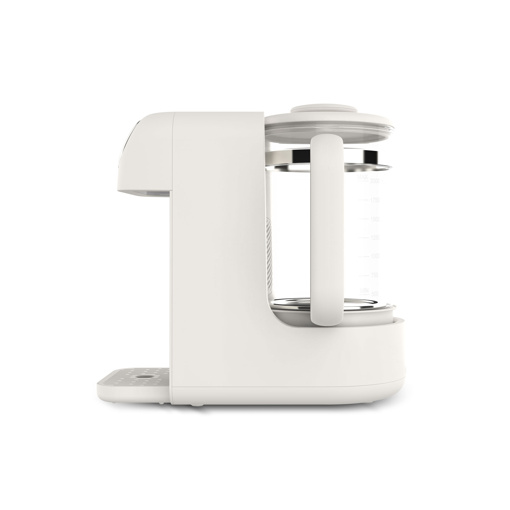 Biały czajnik ze szklanym pojemnikiem i oznaczeniami pomiarowymi.