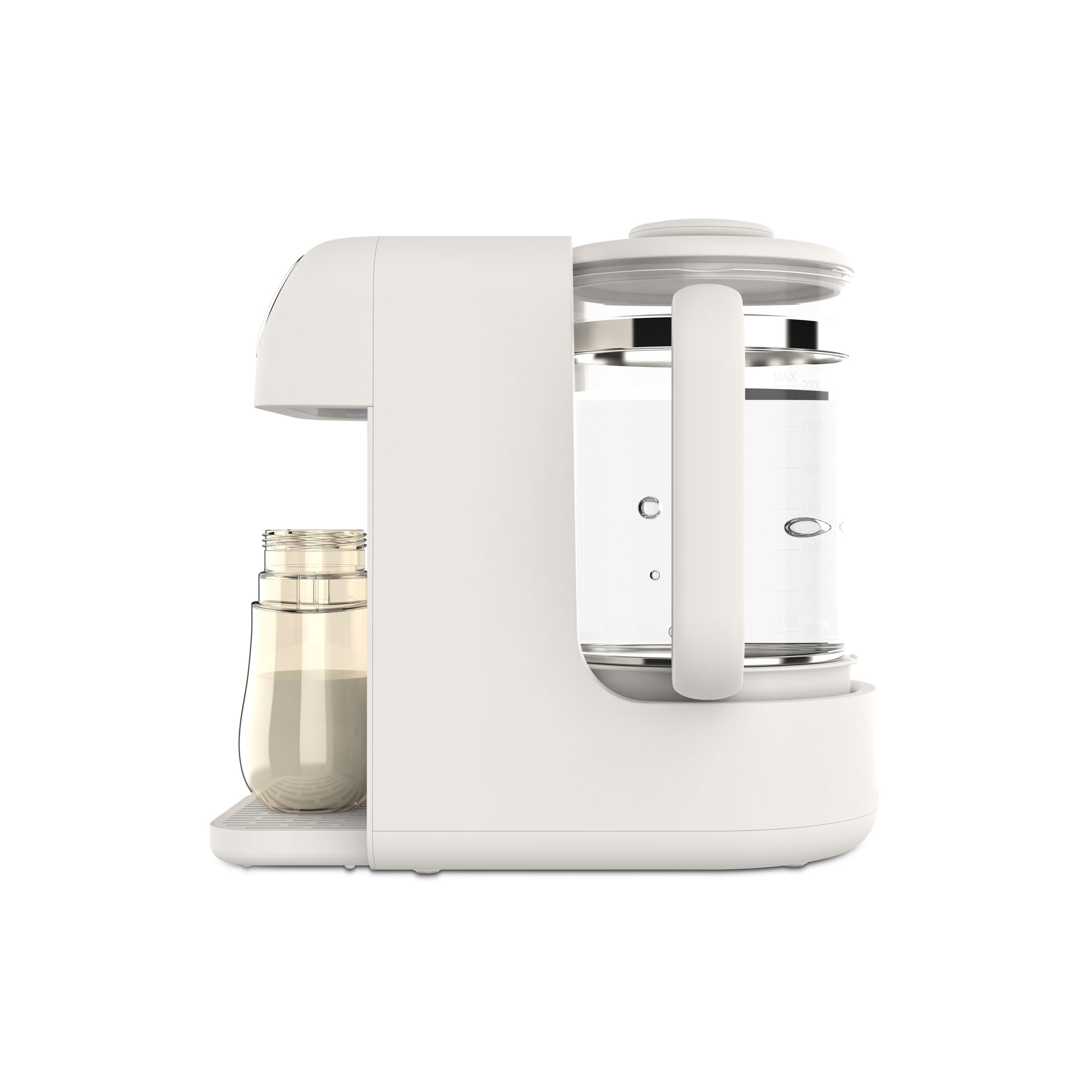 Biały spieniacz do mleka ze szklanym pojemnikiem i napełnioną karafką.