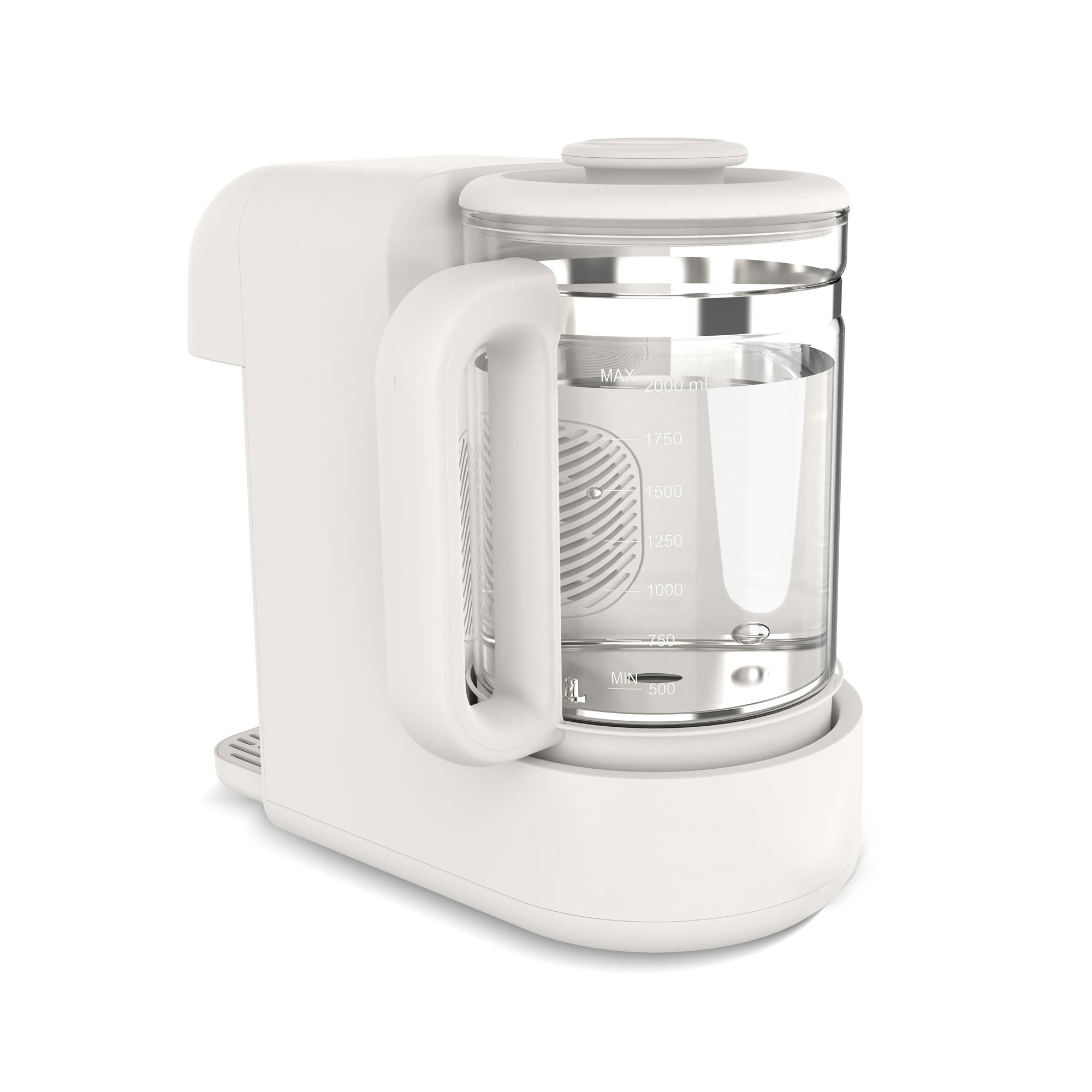 Biały czajnik ze szklanym dzbankiem i rączką, wskaźnik poziomu.