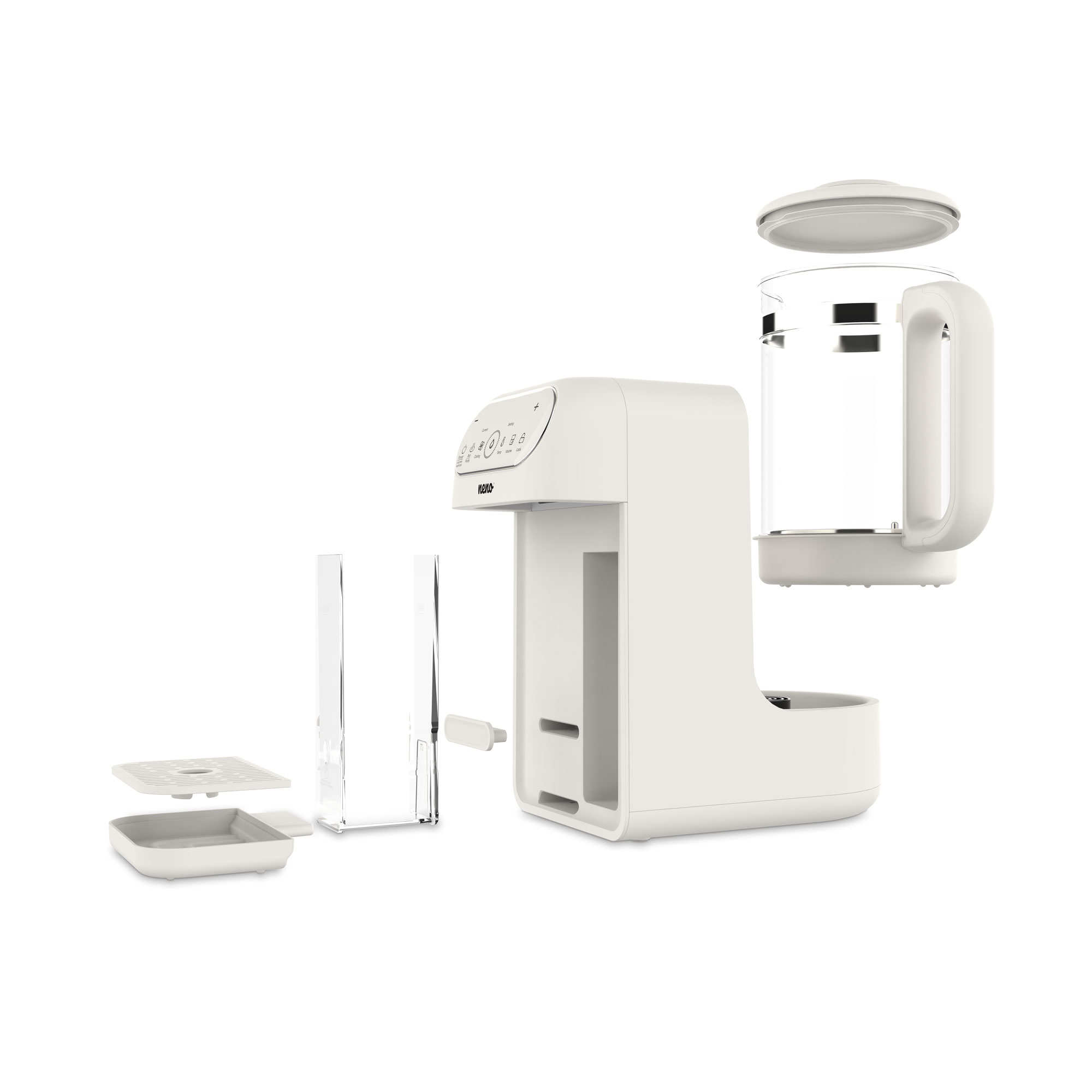 Biały czajnik ze szklanym dzbankiem, pokrywką i akcesoriami na białym tle.