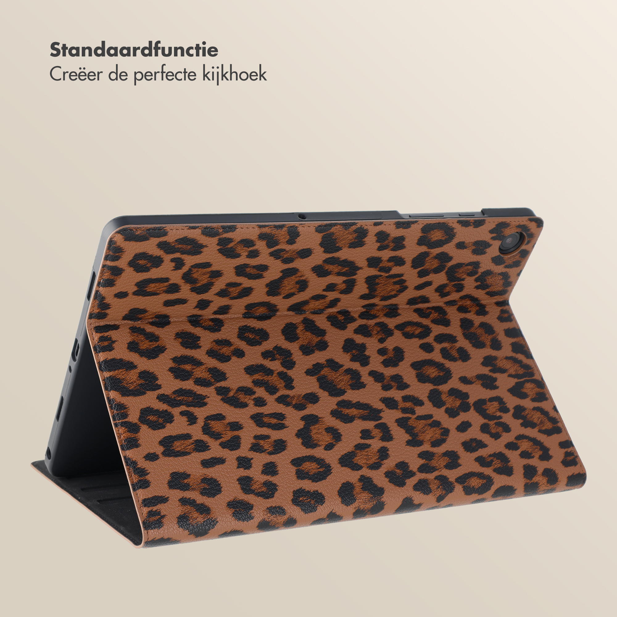 Brown tablet case with leopard print, standing upright.