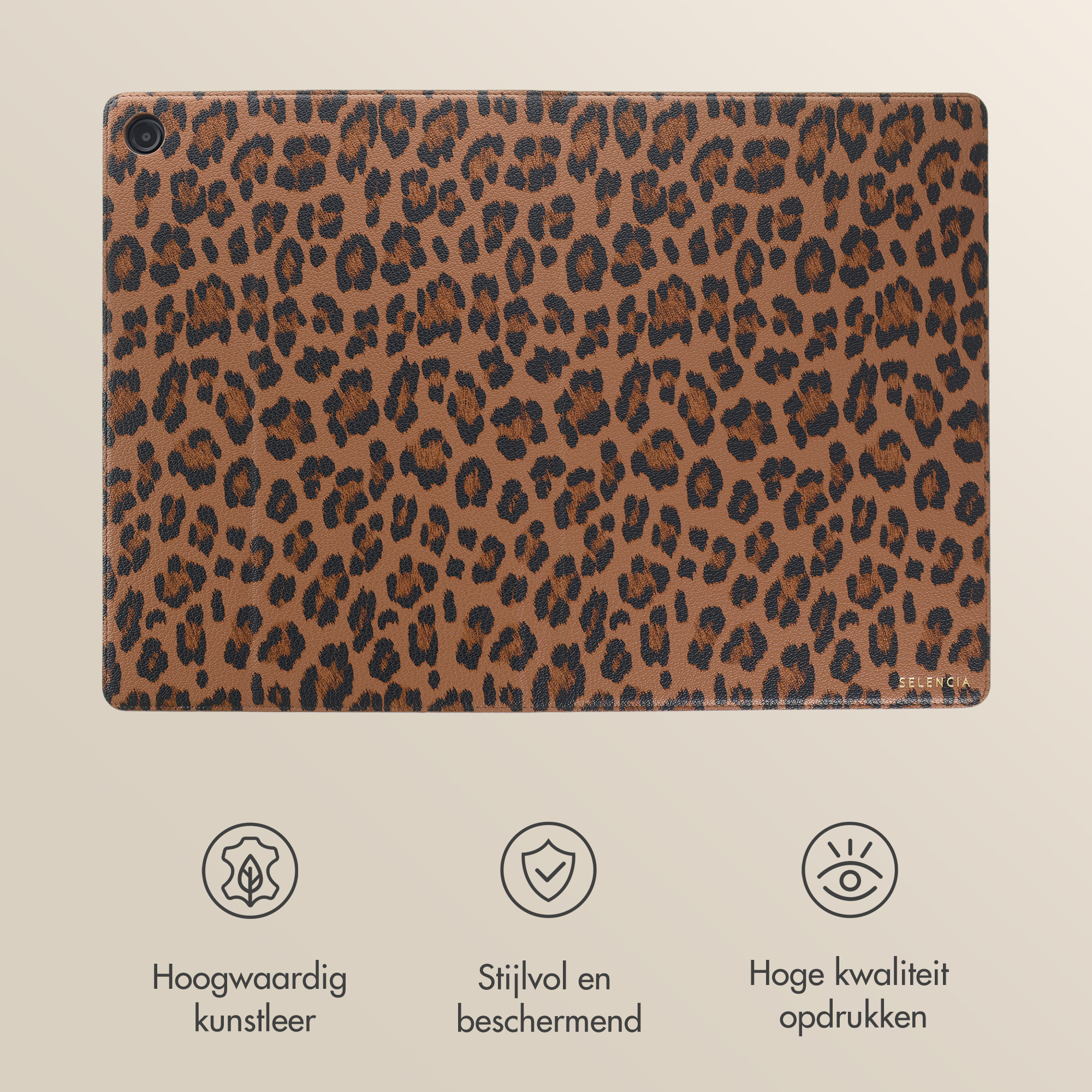 A tablet cover with a leopard print design on a brown background.