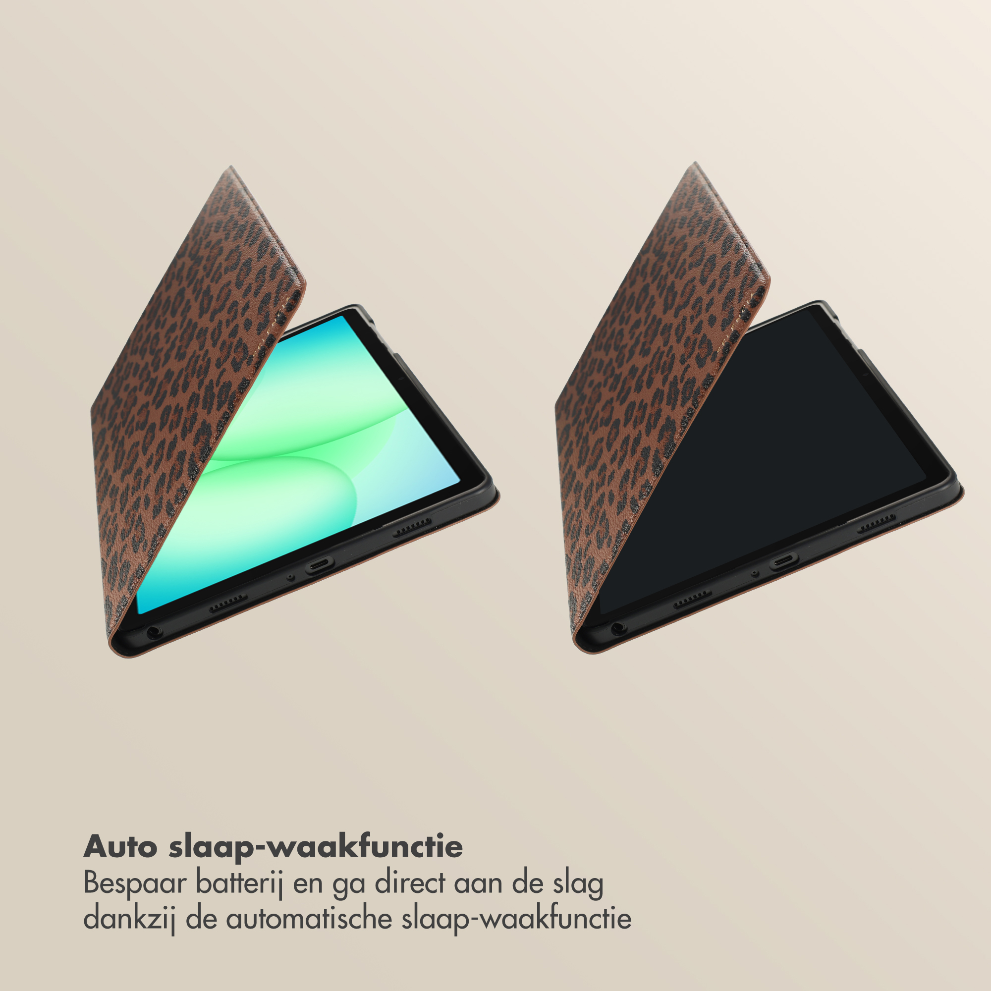 A tablet with a brown leopard print cover. The screen is on to the left, off to the right.