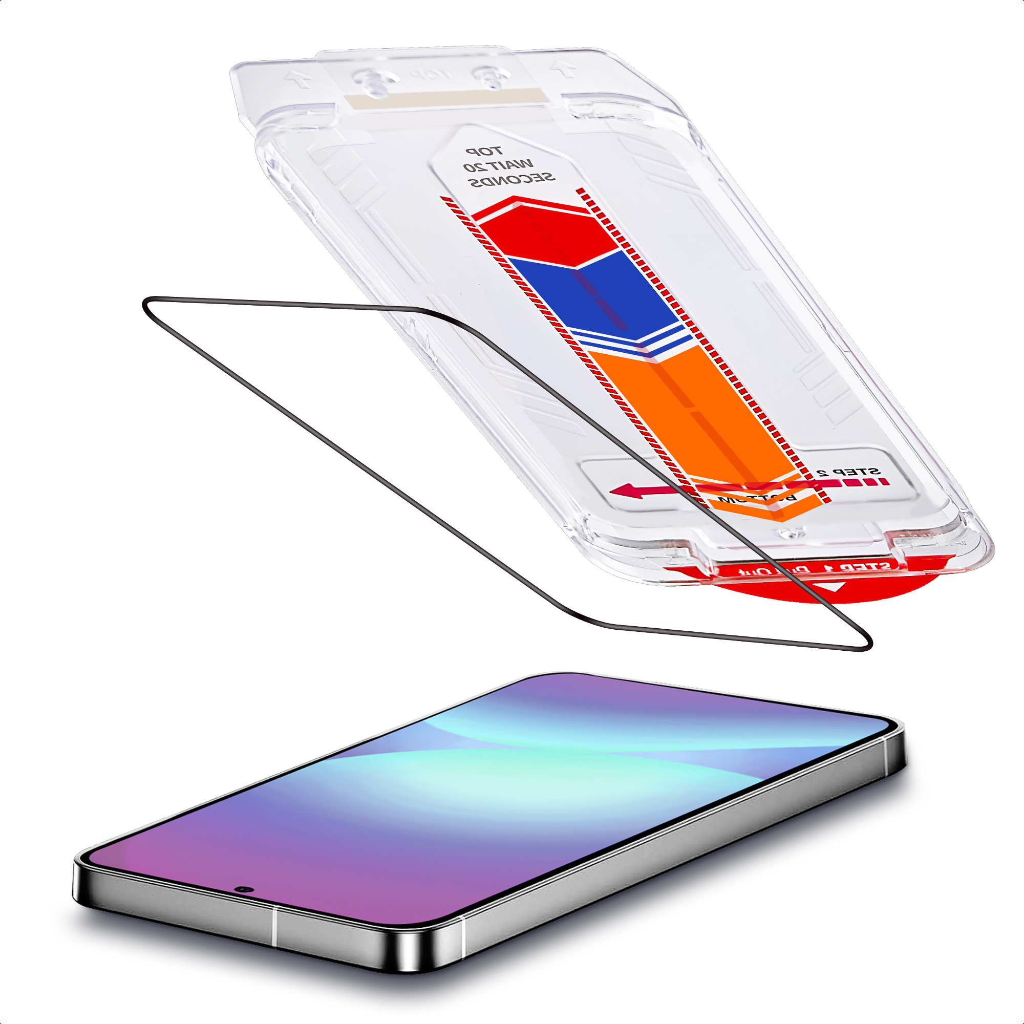 Een applicator voor een schermprotector ligt boven een smartphone.