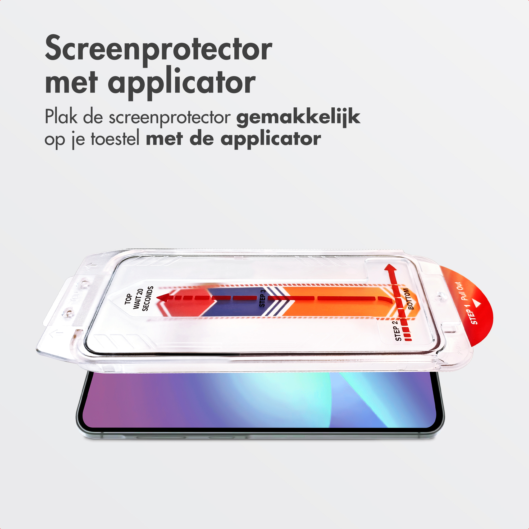Screenprotector met applicator set op een smartphone.