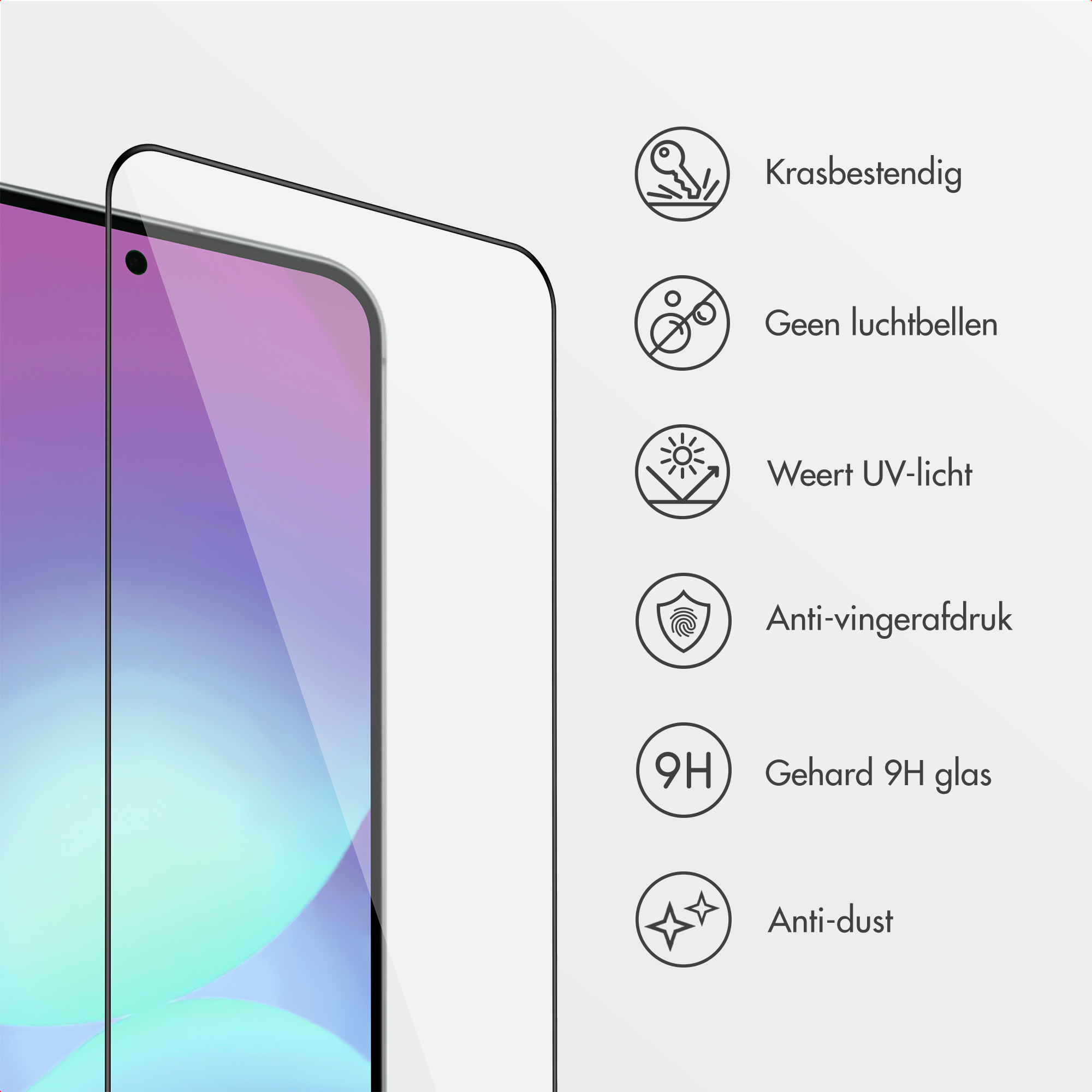 Krasbestendig, belvrij, UV-werend, anti-vingerafdruk, 9H glas, anti-stof.