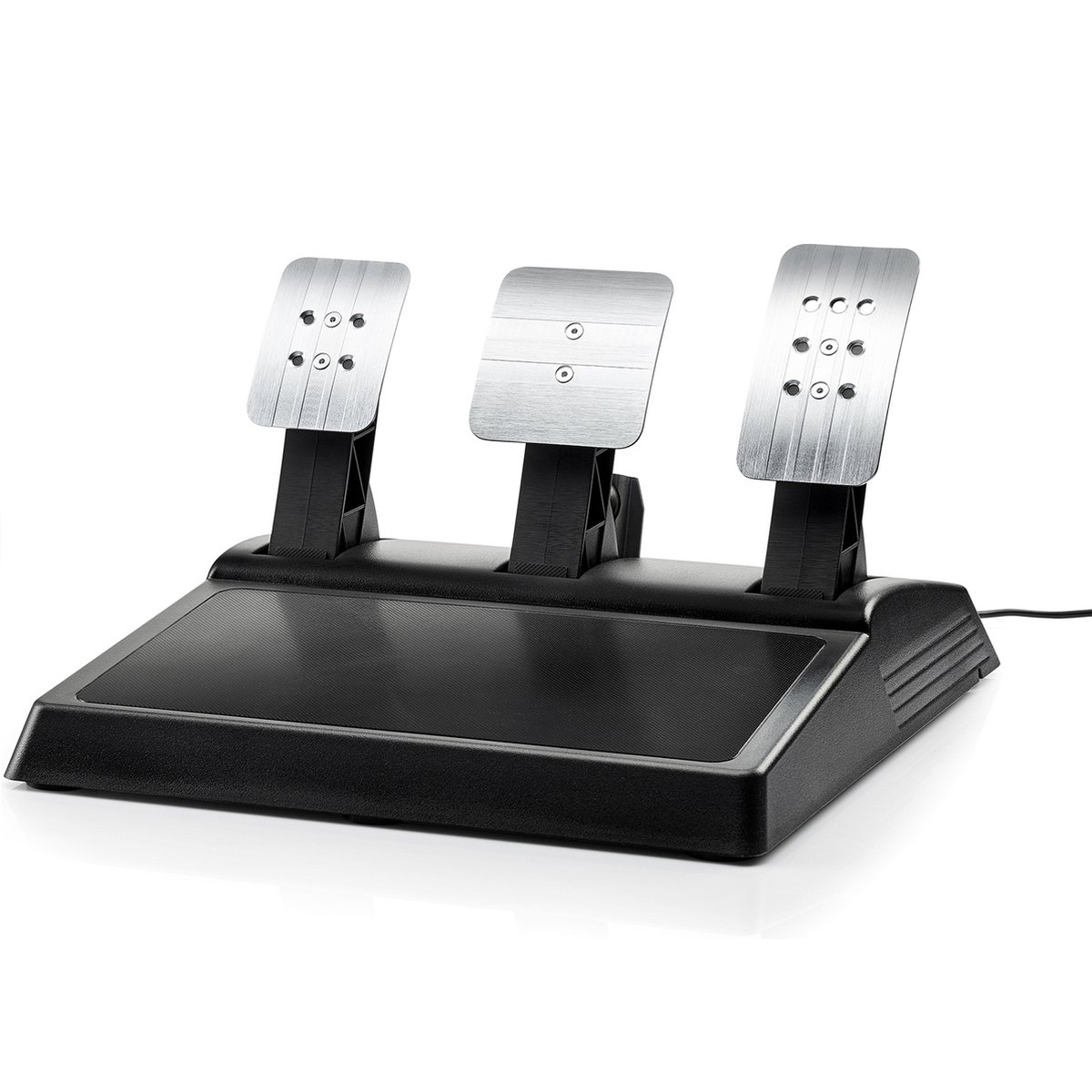 Un set de pédales de jeu noires avec trois pédales métalliques sur fond blanc.