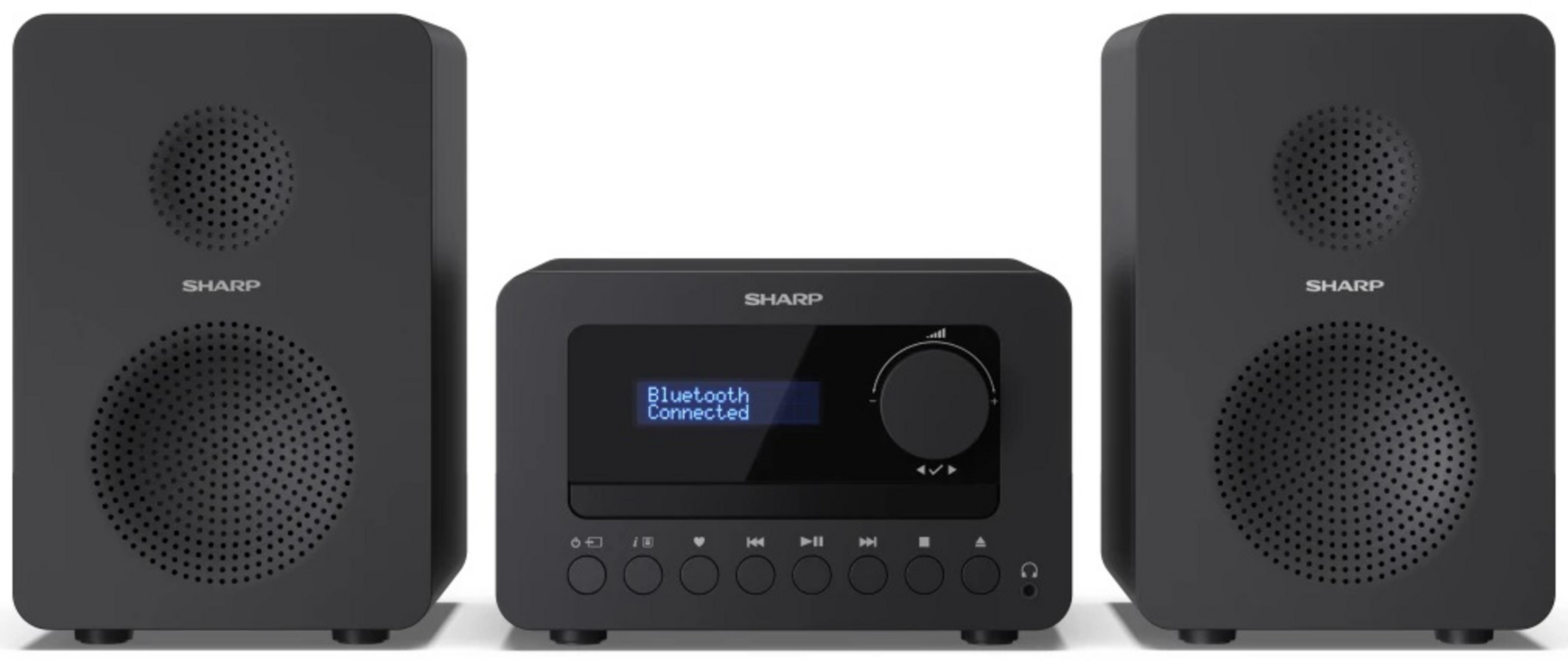 Czarny system stereo Sharp z dwoma głośnikami i jednostką centralną wyświetlającą 'Bluetooth Connected'.
