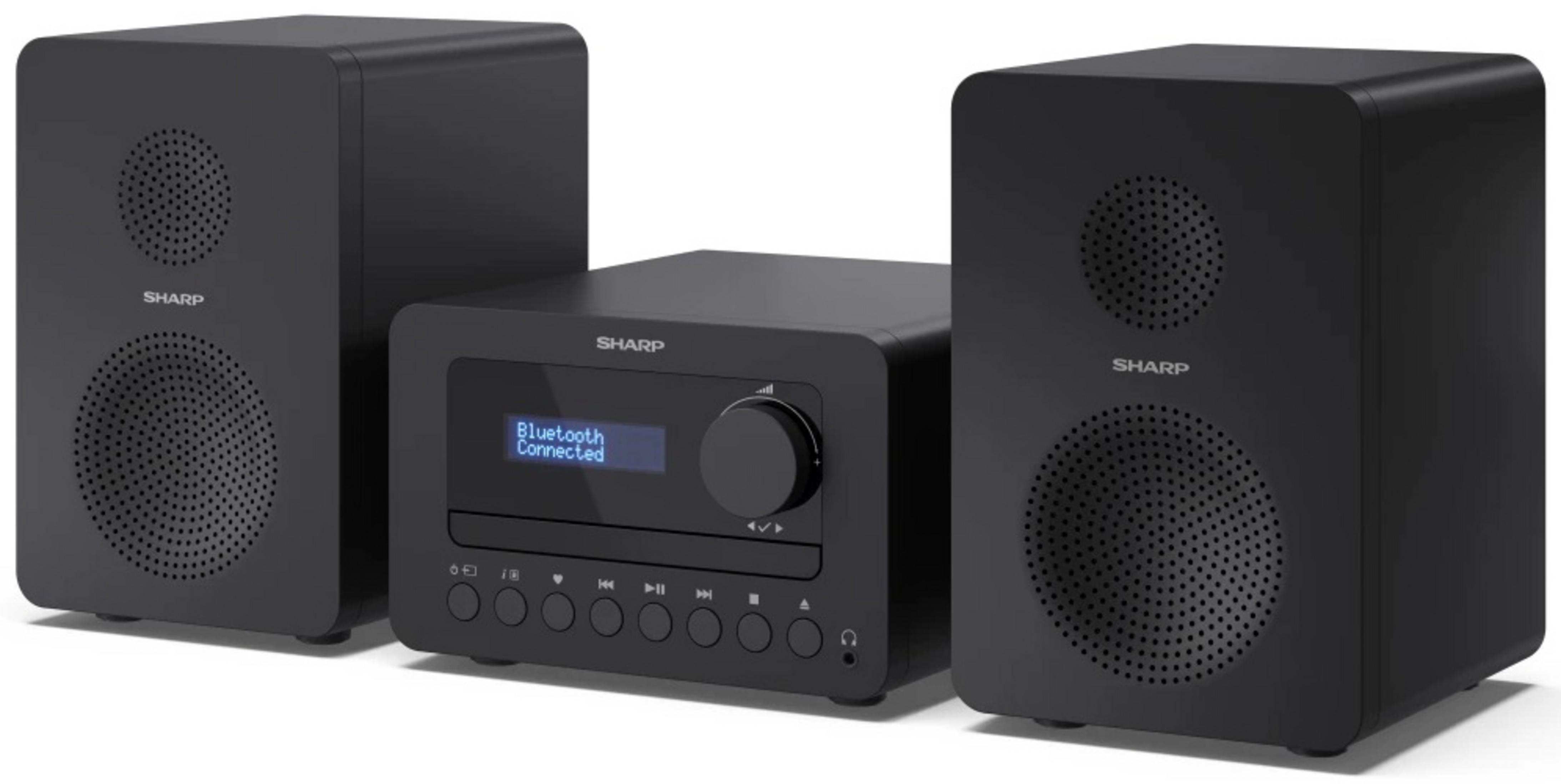 Czarny mini system stereo Sharp z dwoma głośnikami i odtwarzaczem CD.