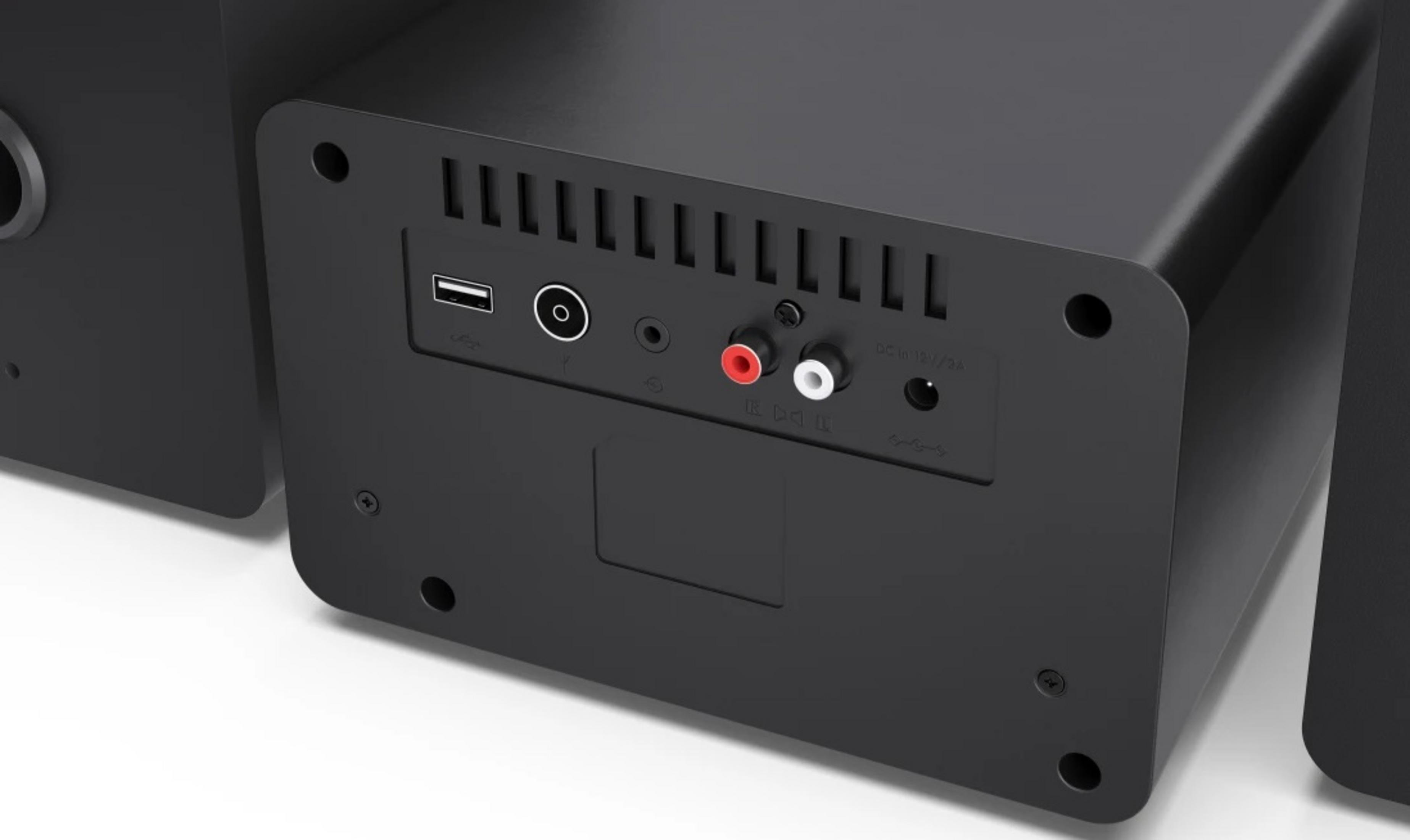Tył czarnego głośnika z portami USB, DC IN i RCA.