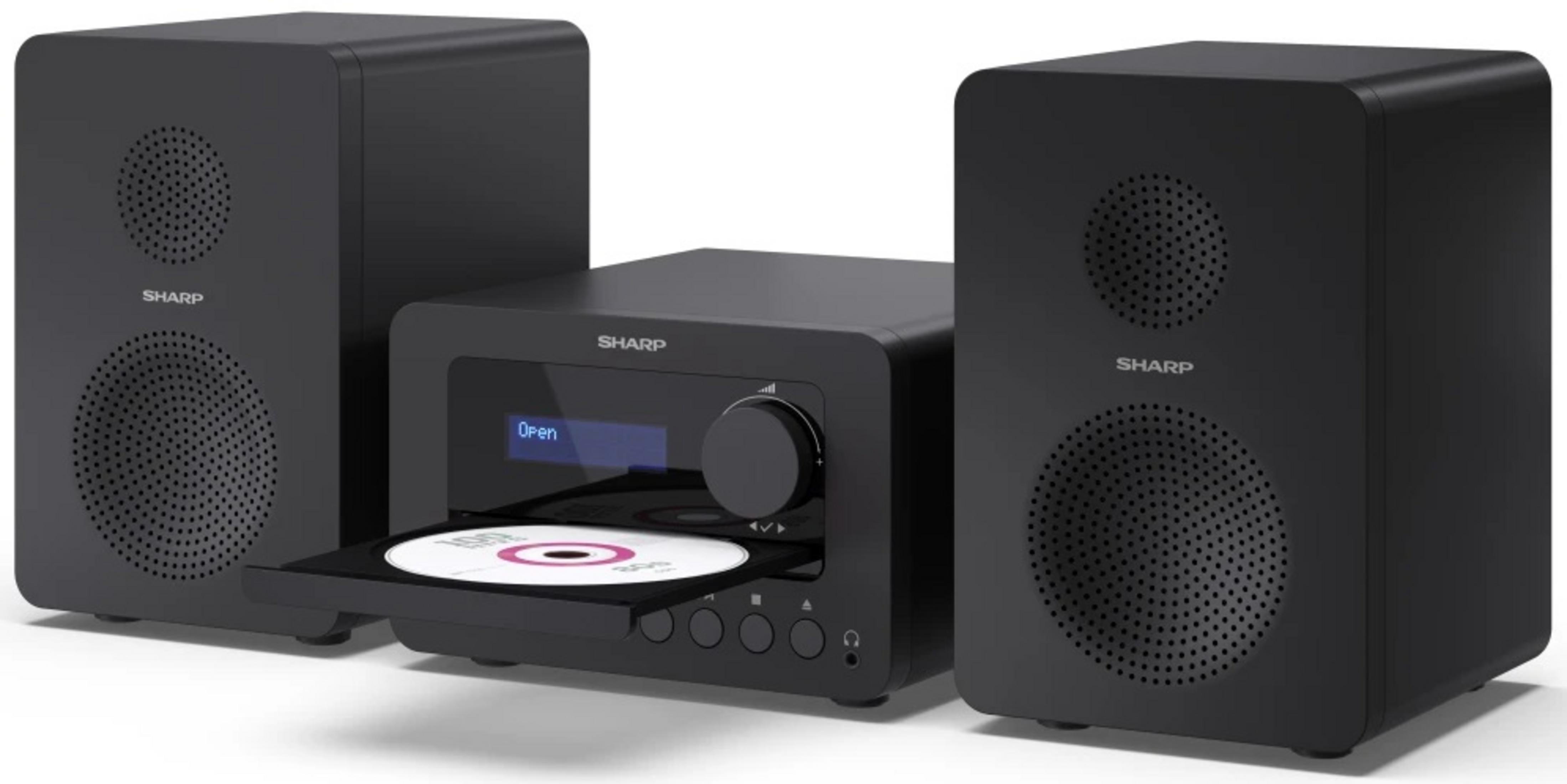 Czarny system stereo Sharp z odtwarzaczem CD i dwoma głośnikami.