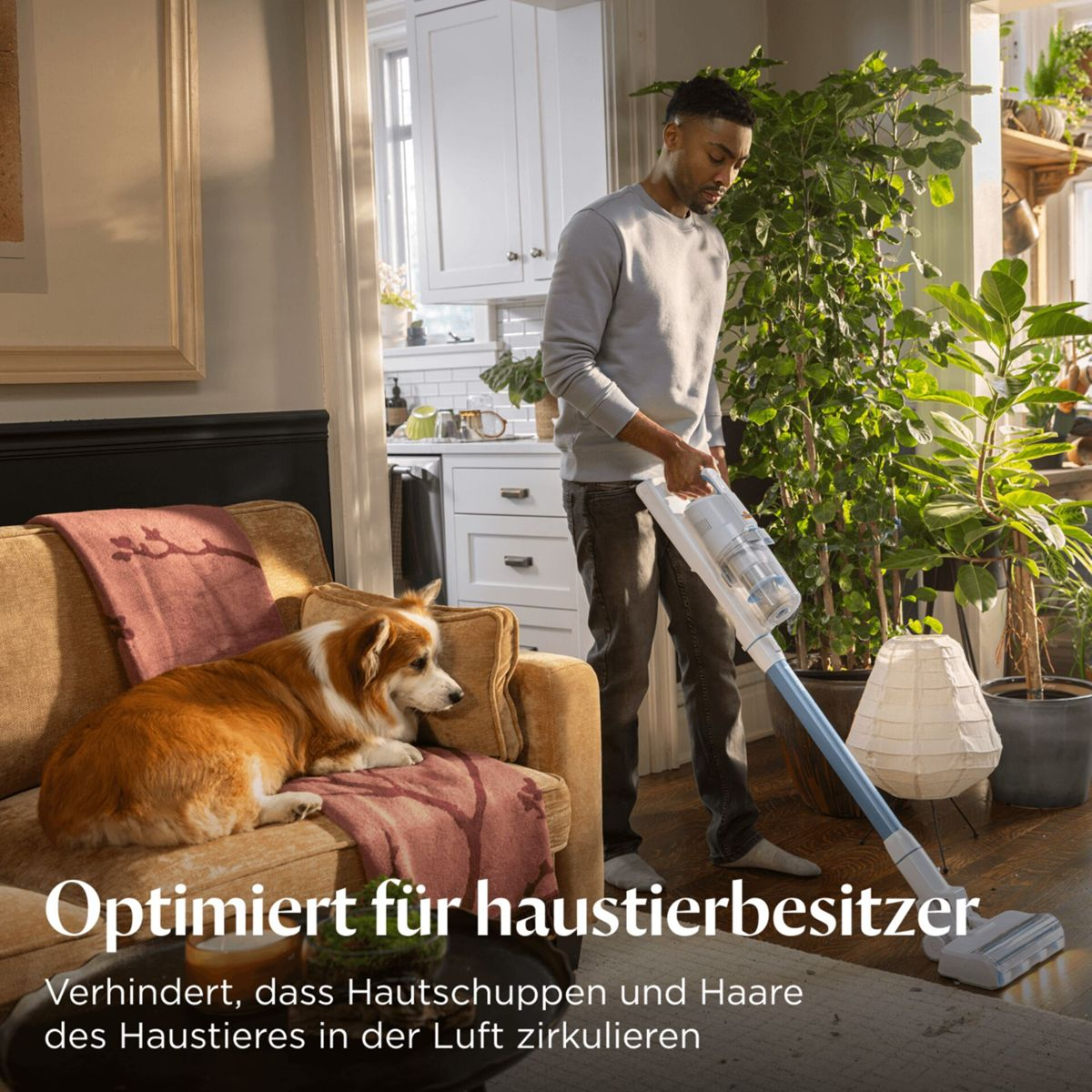 Mann saugt mit einem Stielstaubsauger, Hund liegt auf Sofa.