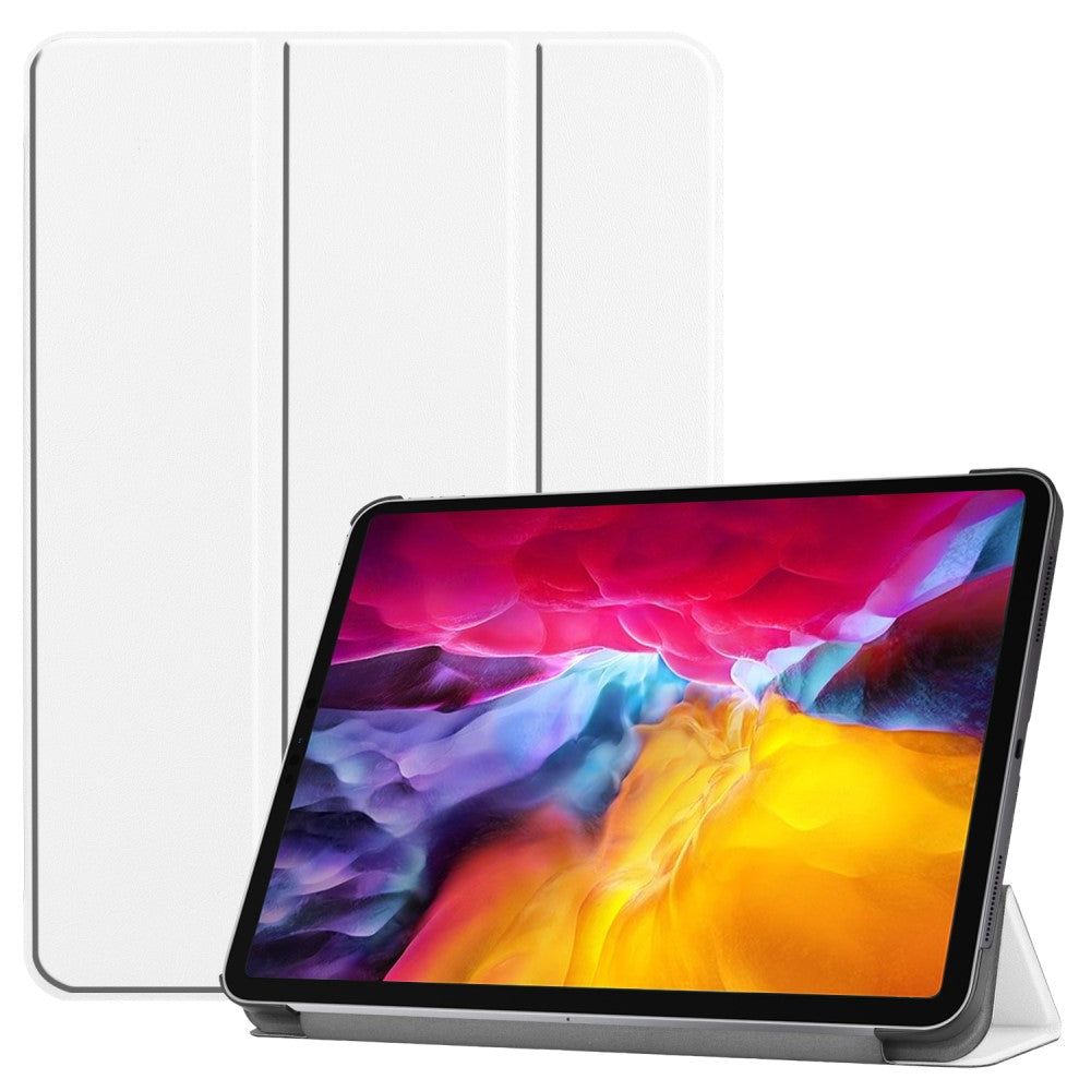 Ein weißes Tablet mit einem bunten Hintergrundbild in einer Hülle.