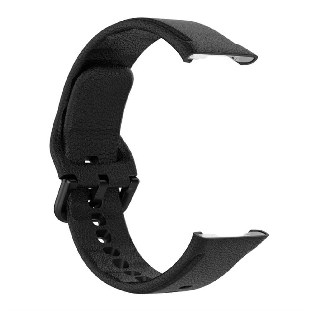 Bracelet de montre noir avec boucle et trous, texturé, isolé sur blanc.