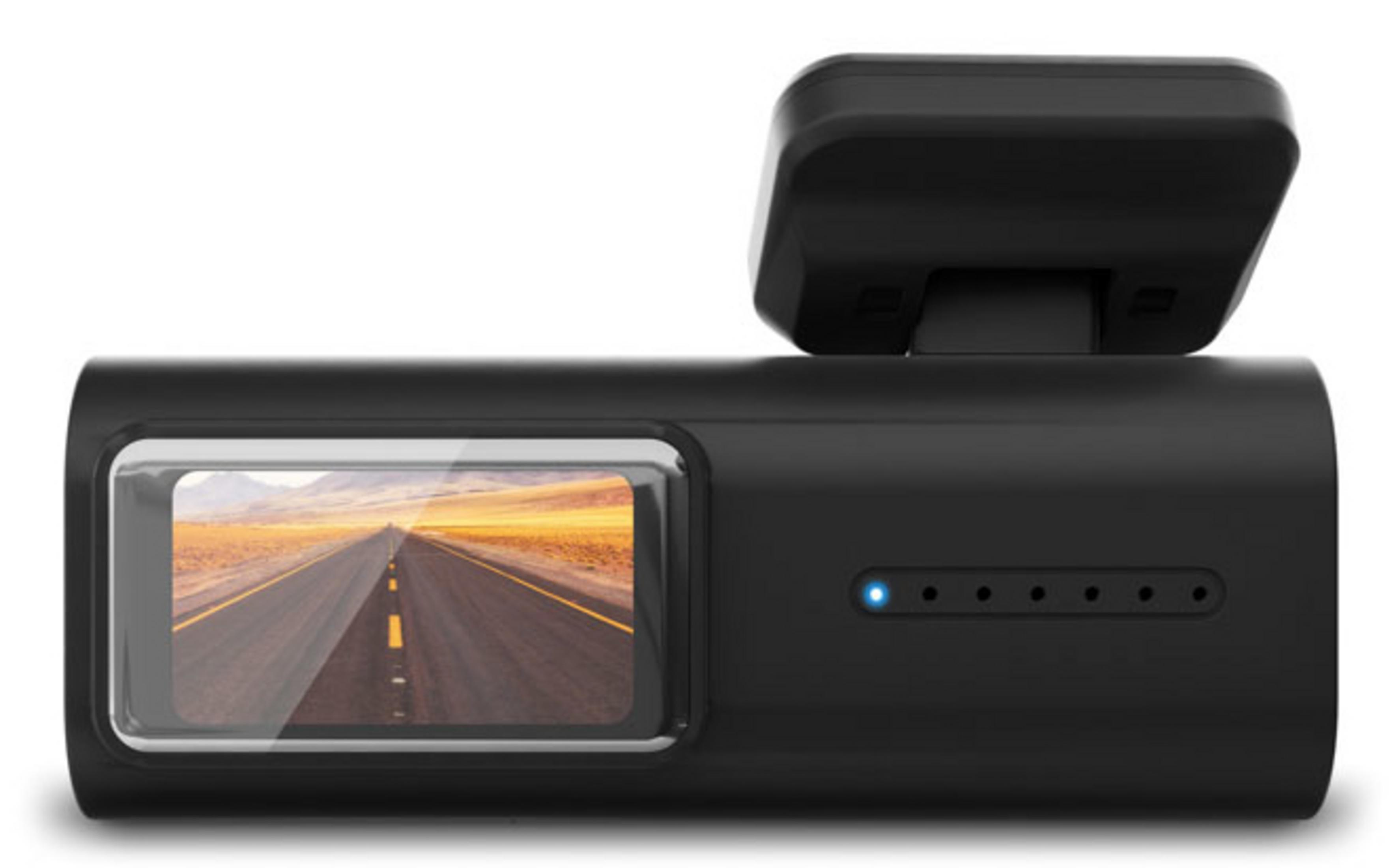 Czarna kamera samochodowa z ekranem pokazującym drogę.