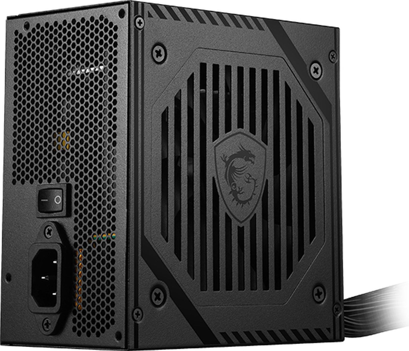Black power supply unit with fan grille and dragon logo.