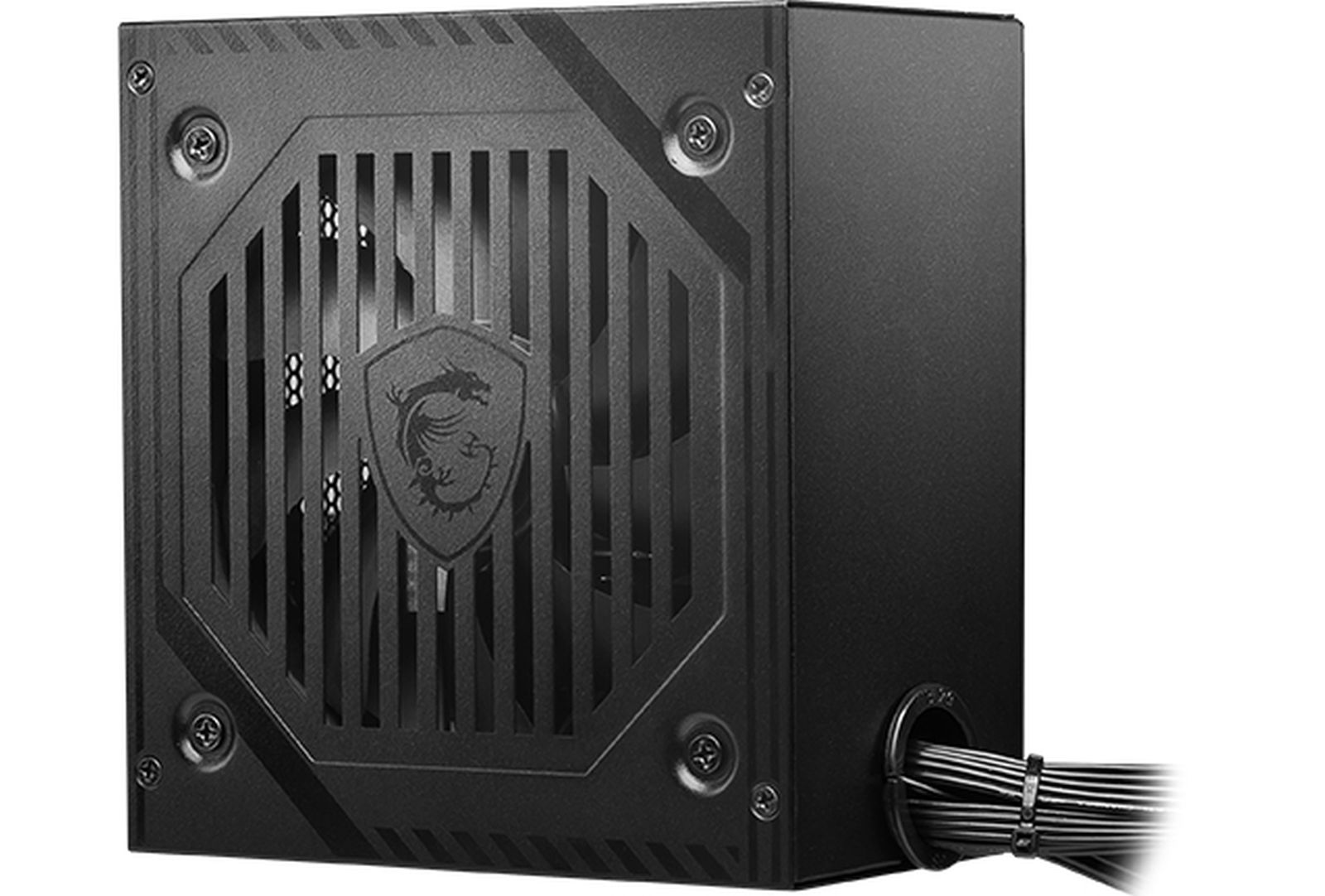 Black power supply unit with fan grille and MSI logo. Cables exit at bottom right.