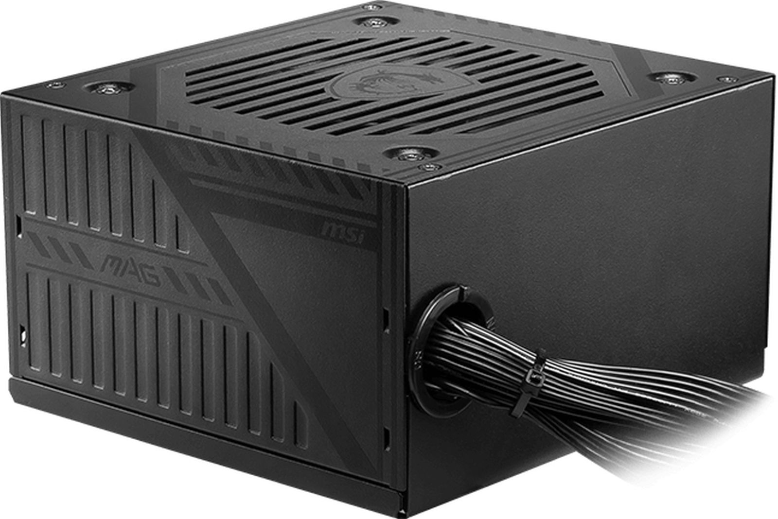 Black power supply unit with vents, MSI logo, and cables.