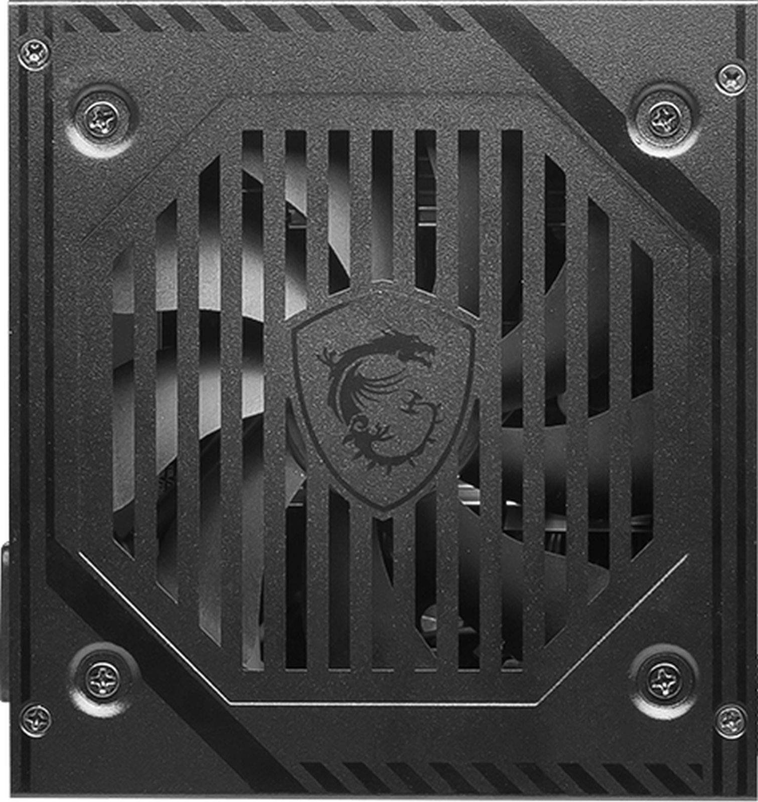 Black fan with MSI logo behind a metal grille with screws.