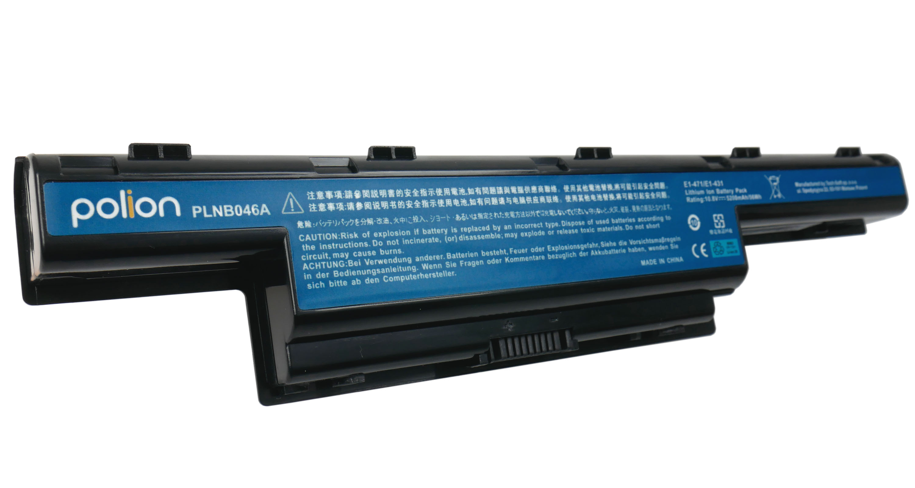 Czarny akumulator litowo-jonowy z niebieską etykietą, model PLNB046A.