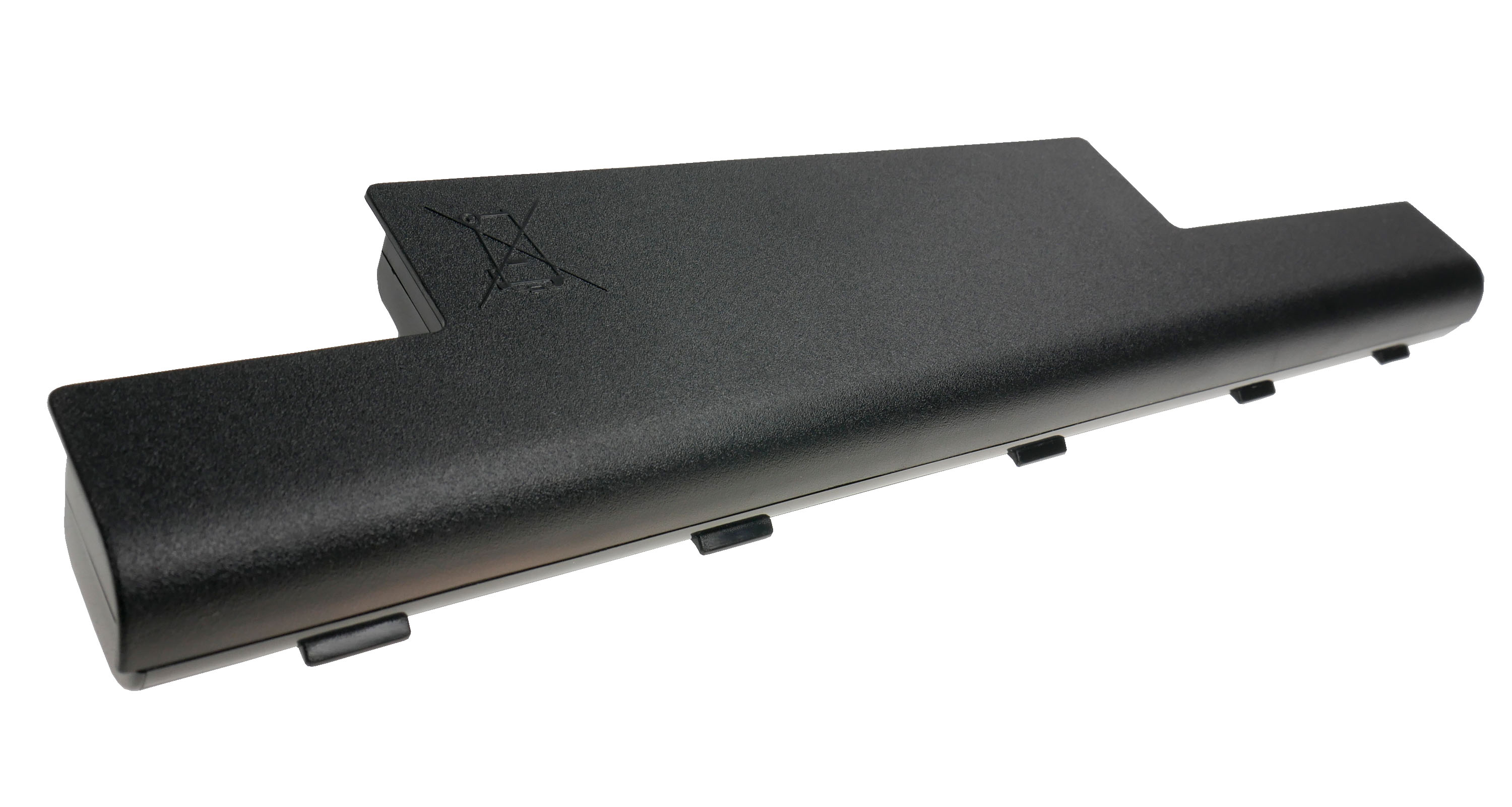Czarna bateria do laptopa z symbolem utylizacji, na białym tle.