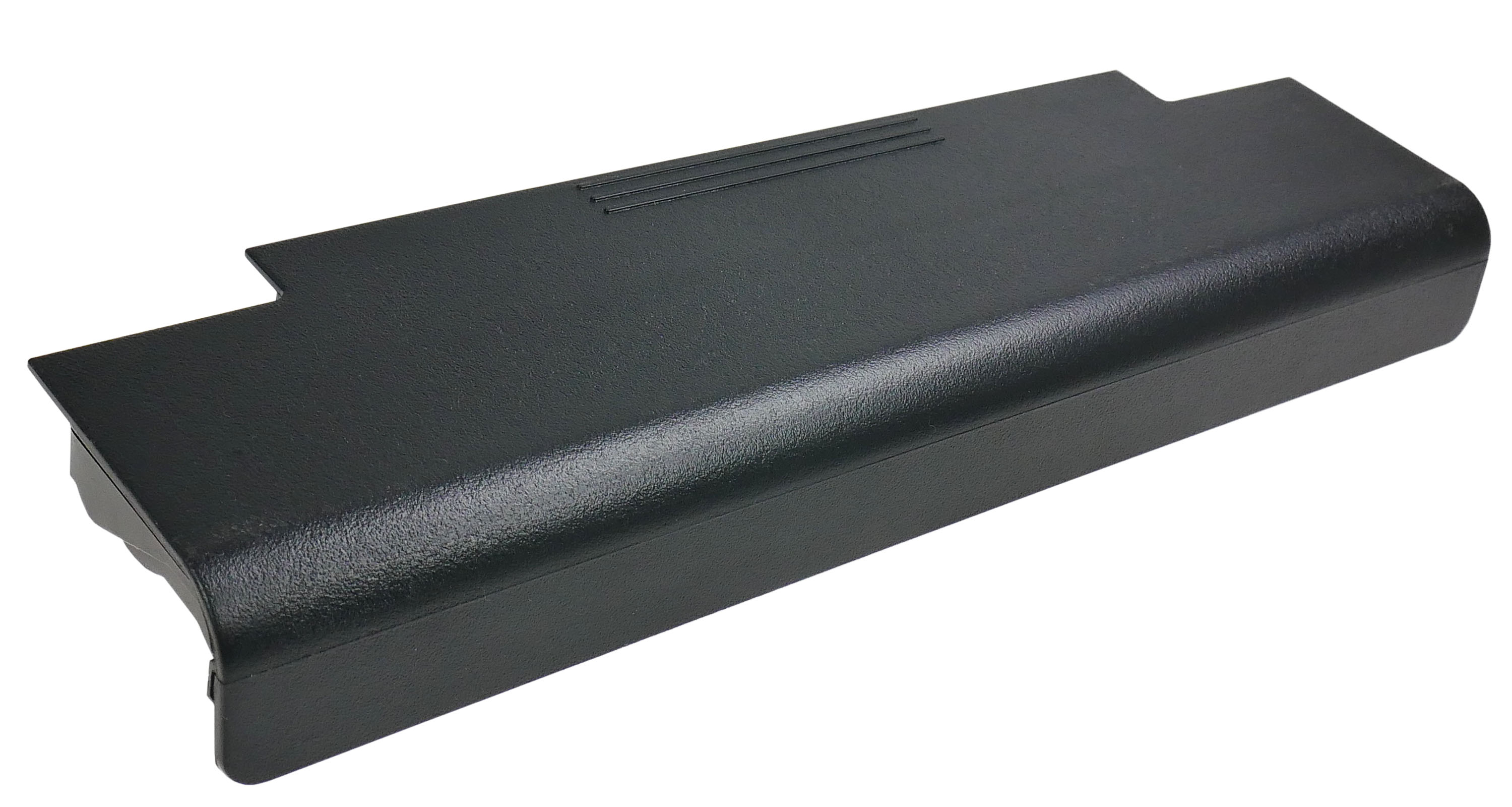 Czarna bateria z teksturowaną powierzchnią i trzema liniami na górze.