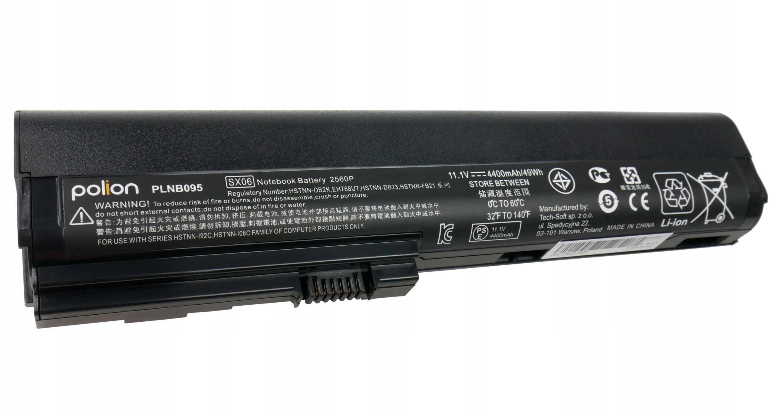 Czarna bateria do laptopa Polion PLNB095, 11.1V, 4400mAh, z etykietami ostrzegawczymi.