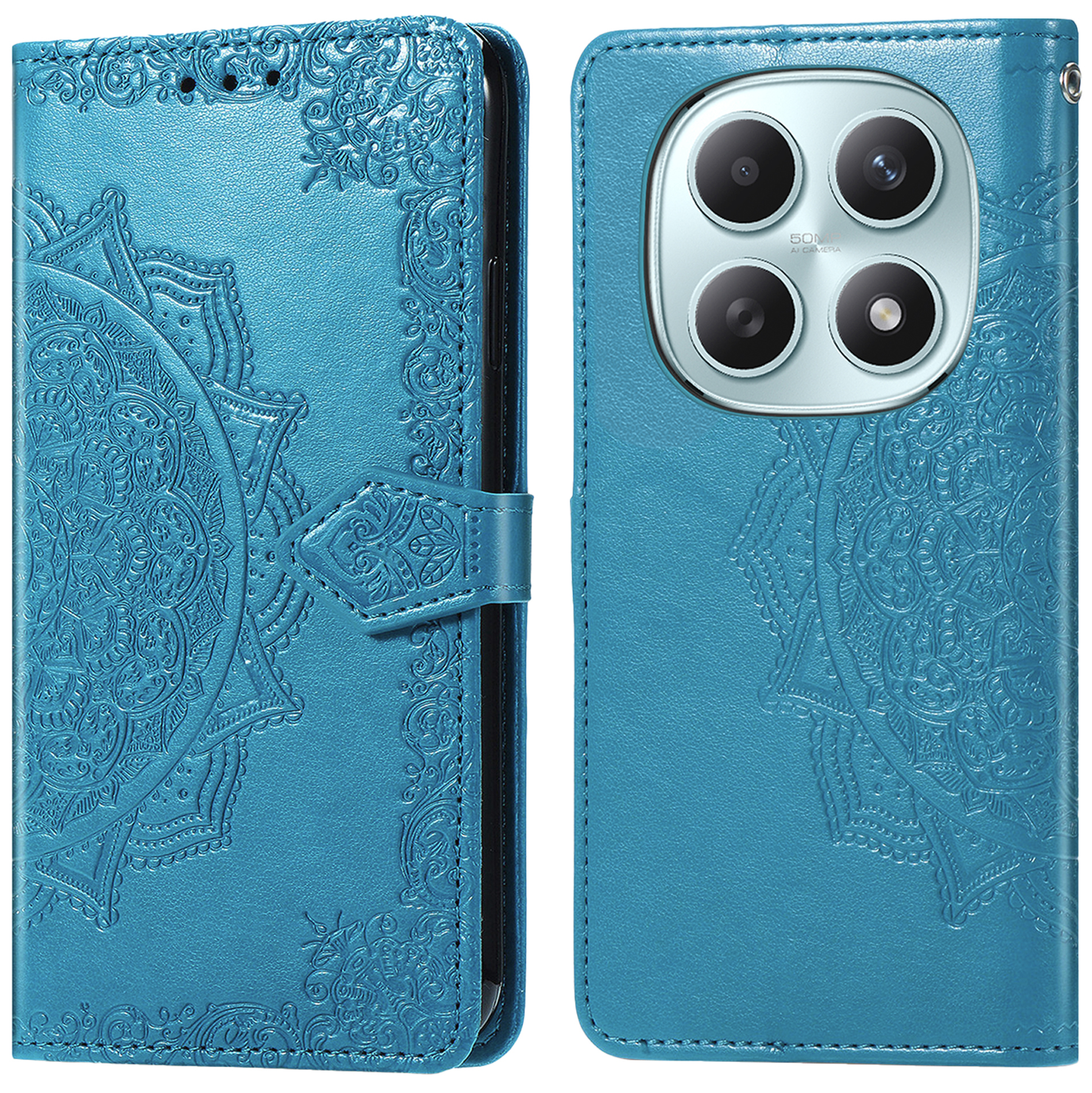 Blauwe leren flipcase met reliëf mandala-ontwerp en camera-uitsparing.