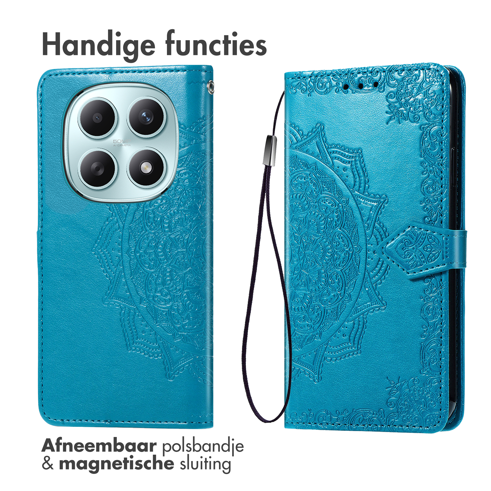 Blauw telefoonhoesje met mandala-patroon, camera's en riempje.