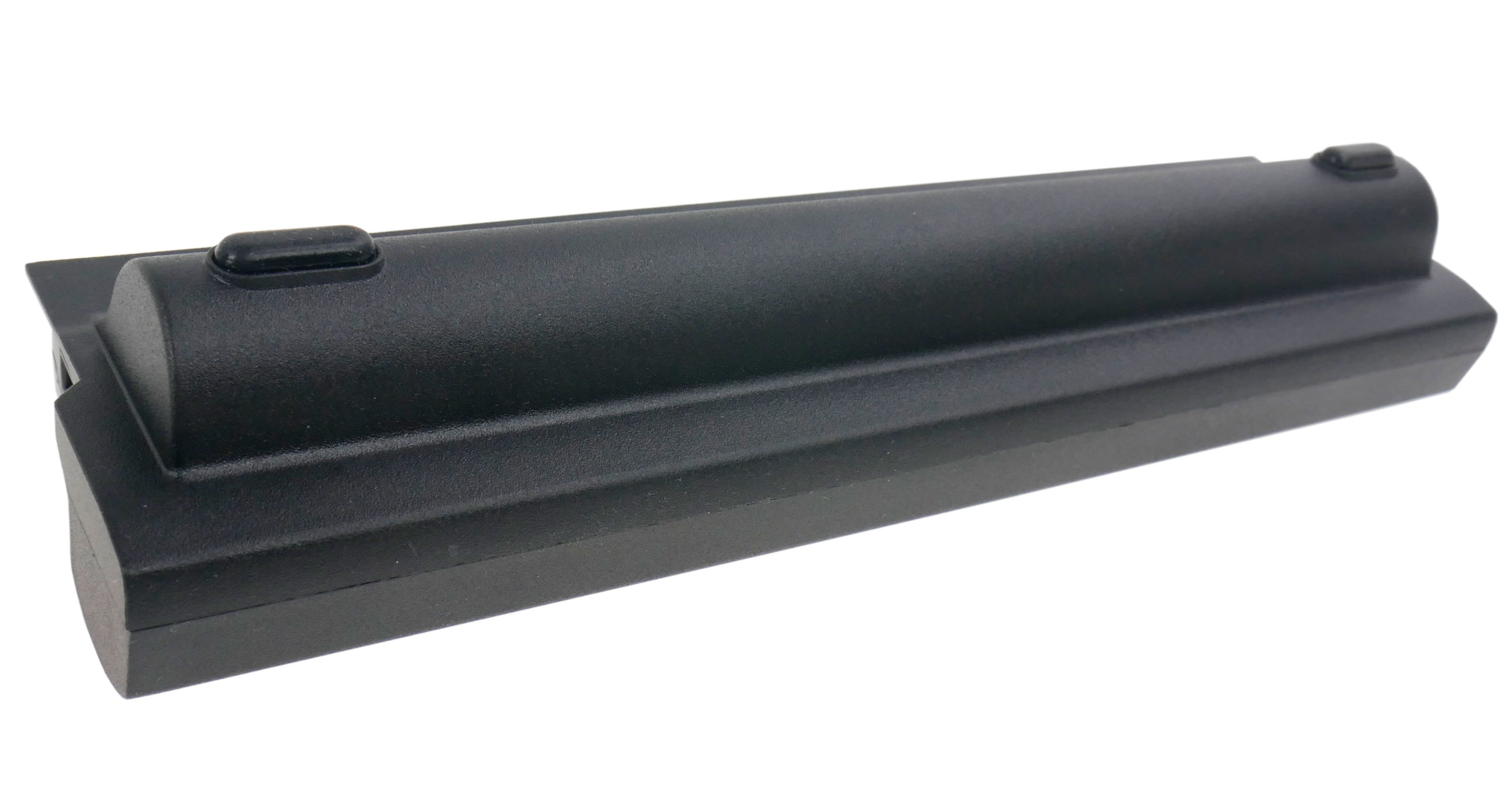 Czarna bateria do laptopa z dwoma przyciskami na górze, na białym tle.