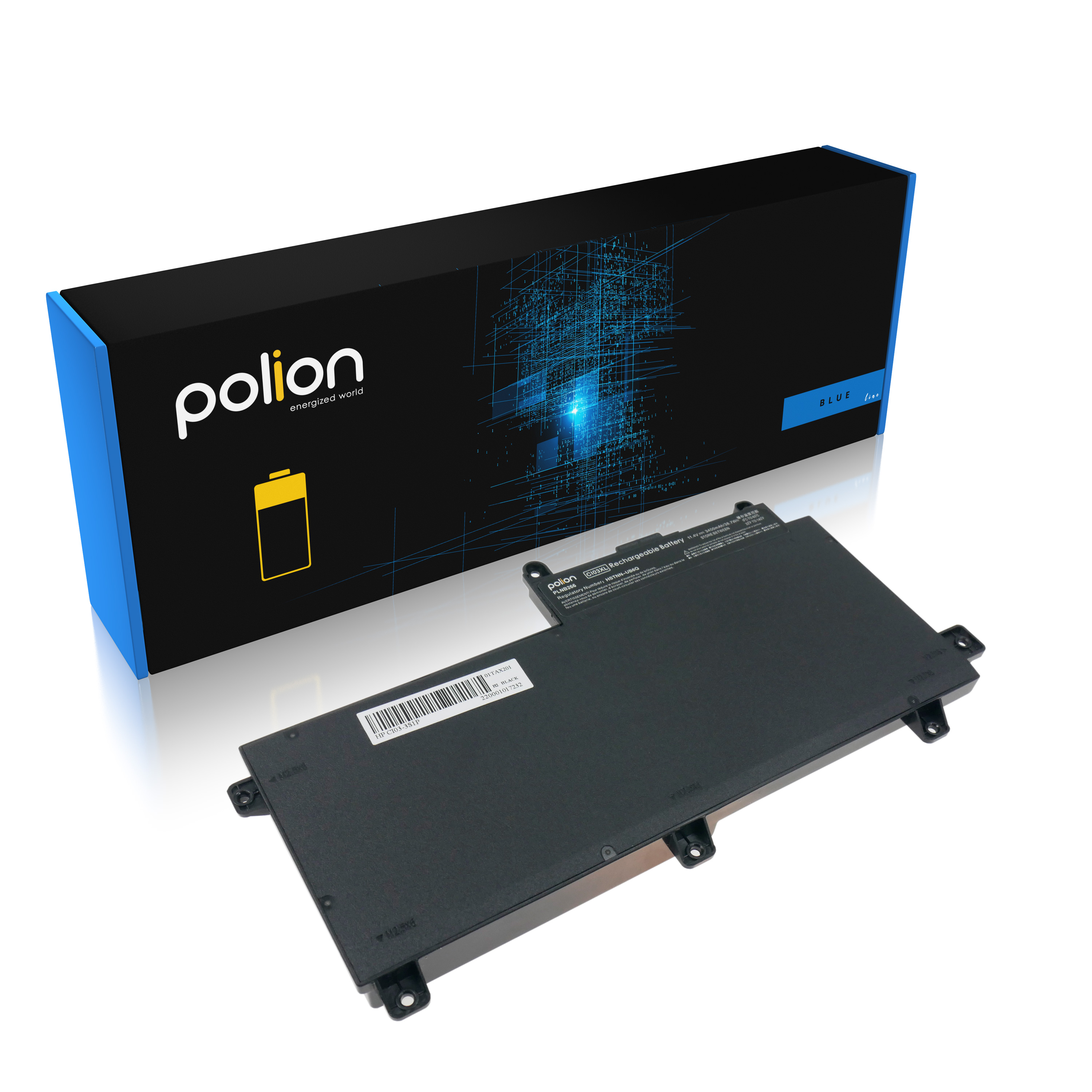 Czarna bateria do laptopa leży obok pudełka z niebiesko-czarnym wzorem opakowania.