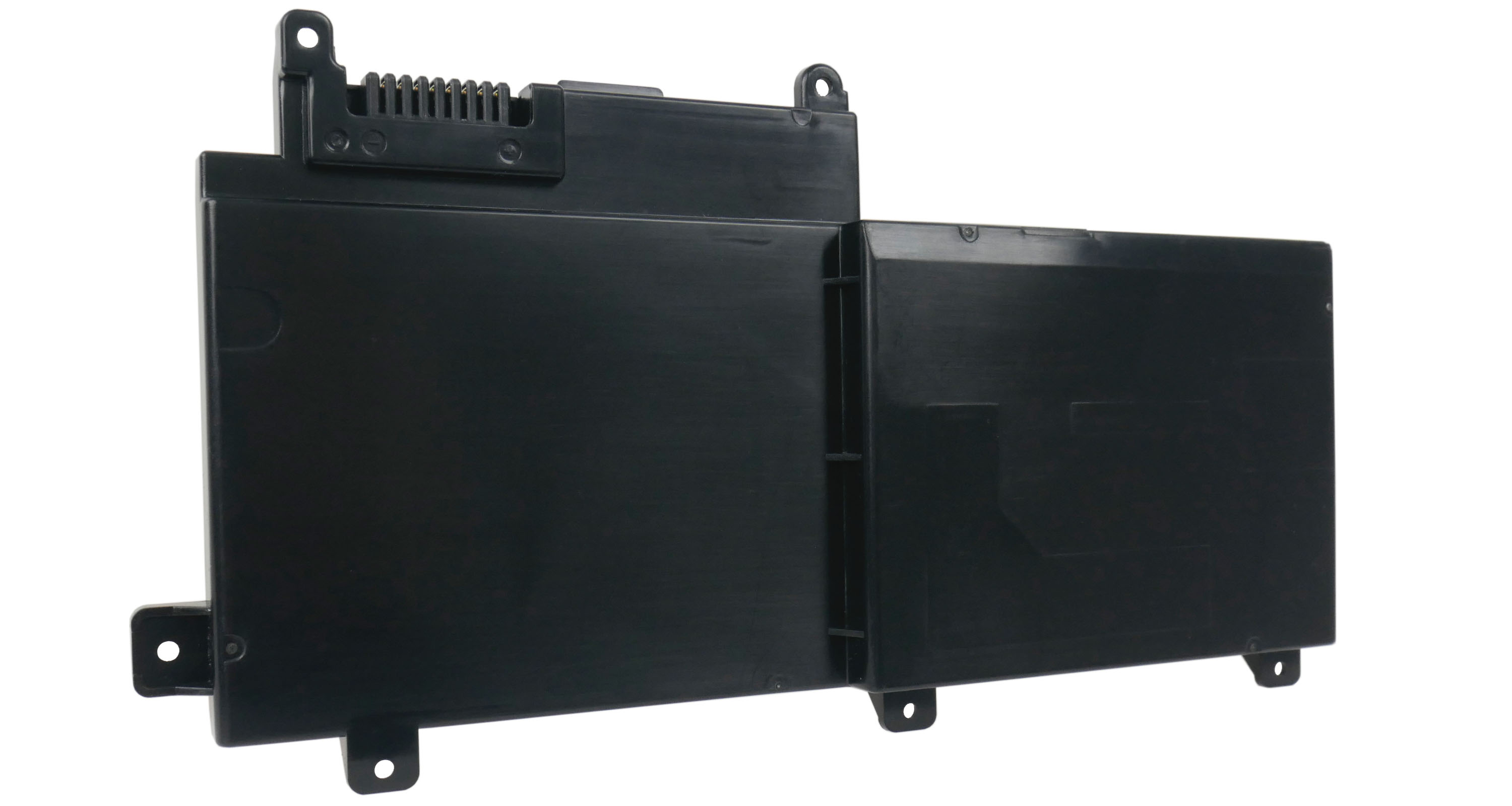 Czarna bateria do laptopa ze złączami i otworami montażowymi.